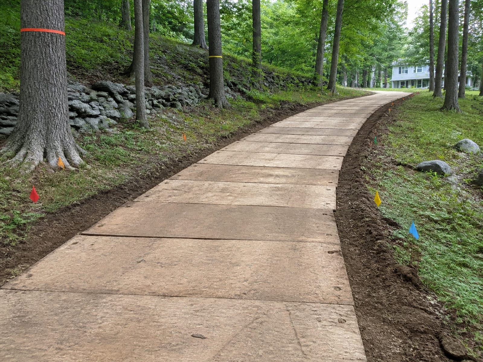 Timber mats laid across a soft section of gravel drive with utility locate flags along the route and flagging tape around trees being protected