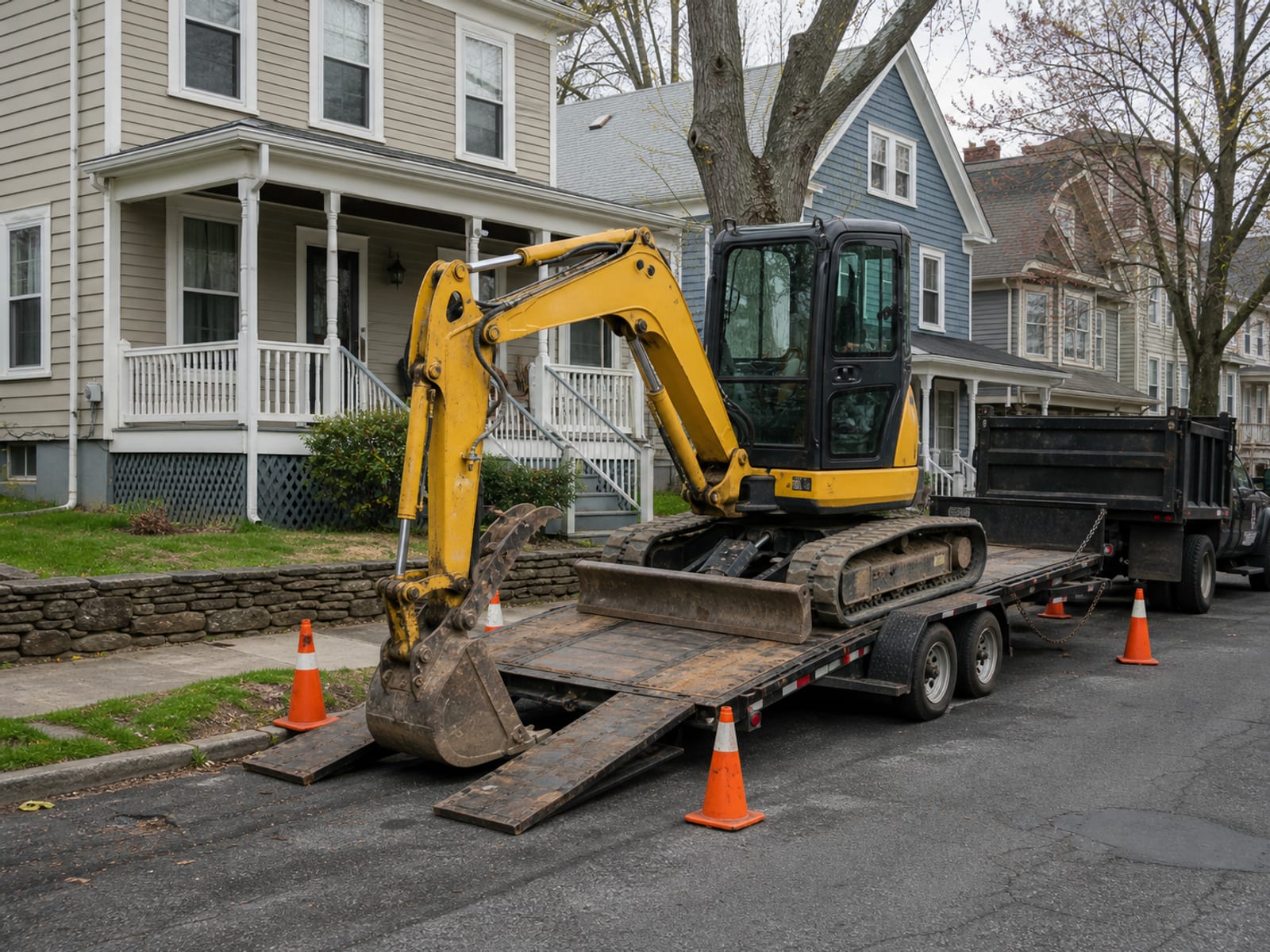 Compact excavator being unloaded from a trailer at the curb outside a house on a narrow street, with cones set out around the work area