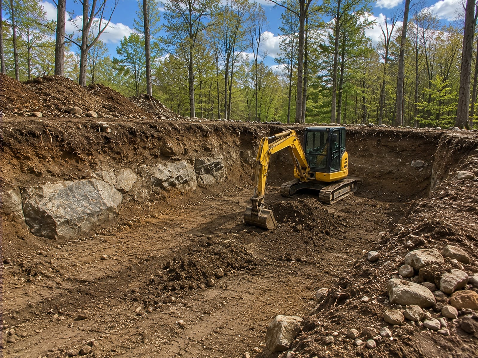 Compact yellow tracked excavator actively digging a foundation trench on a residential lot with walls of exposed glacial till and ledge rock