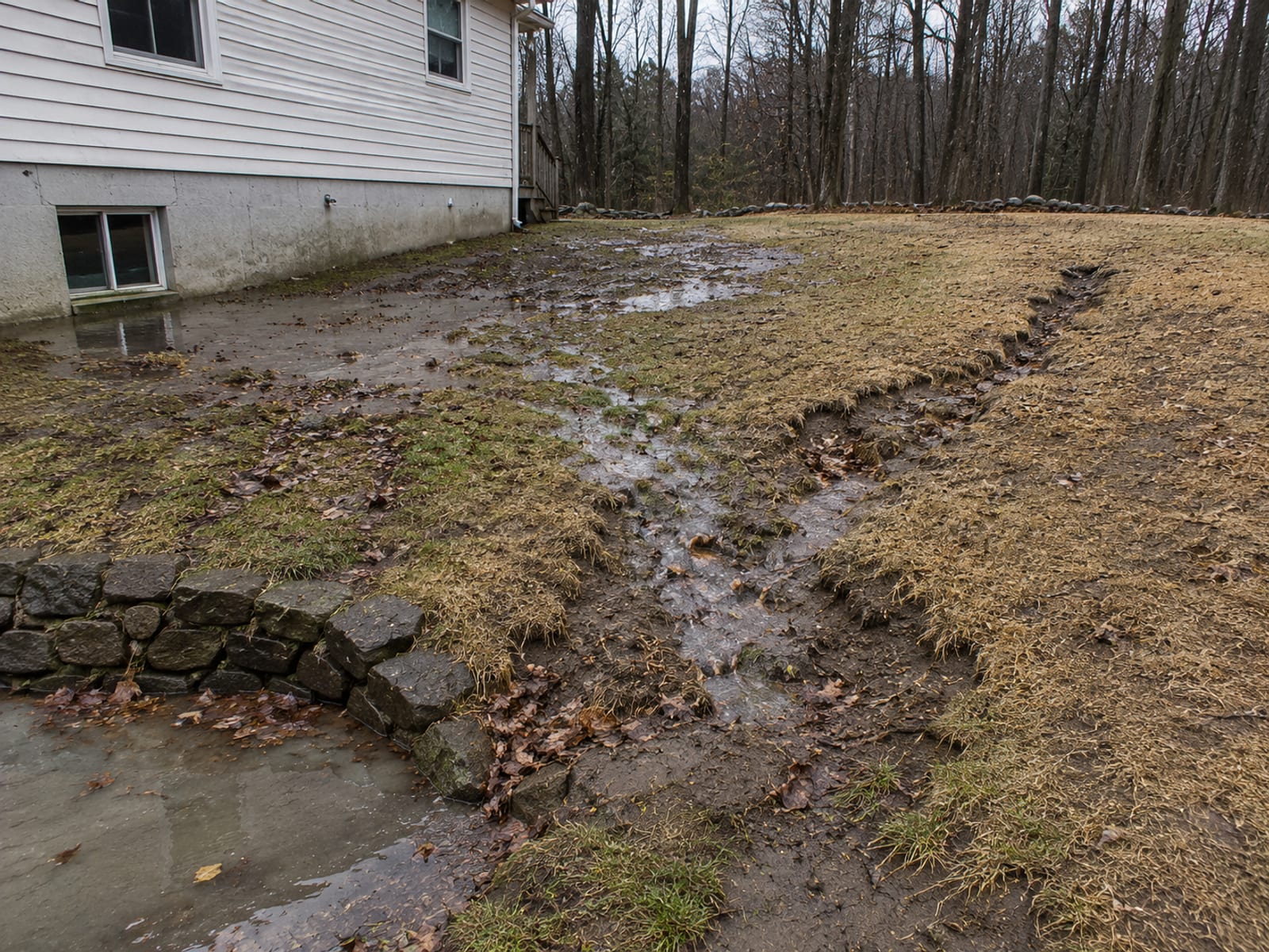 Waterlogged backyard with standing water pooling near a home foundation and visibly eroded soil along a sloped lawn