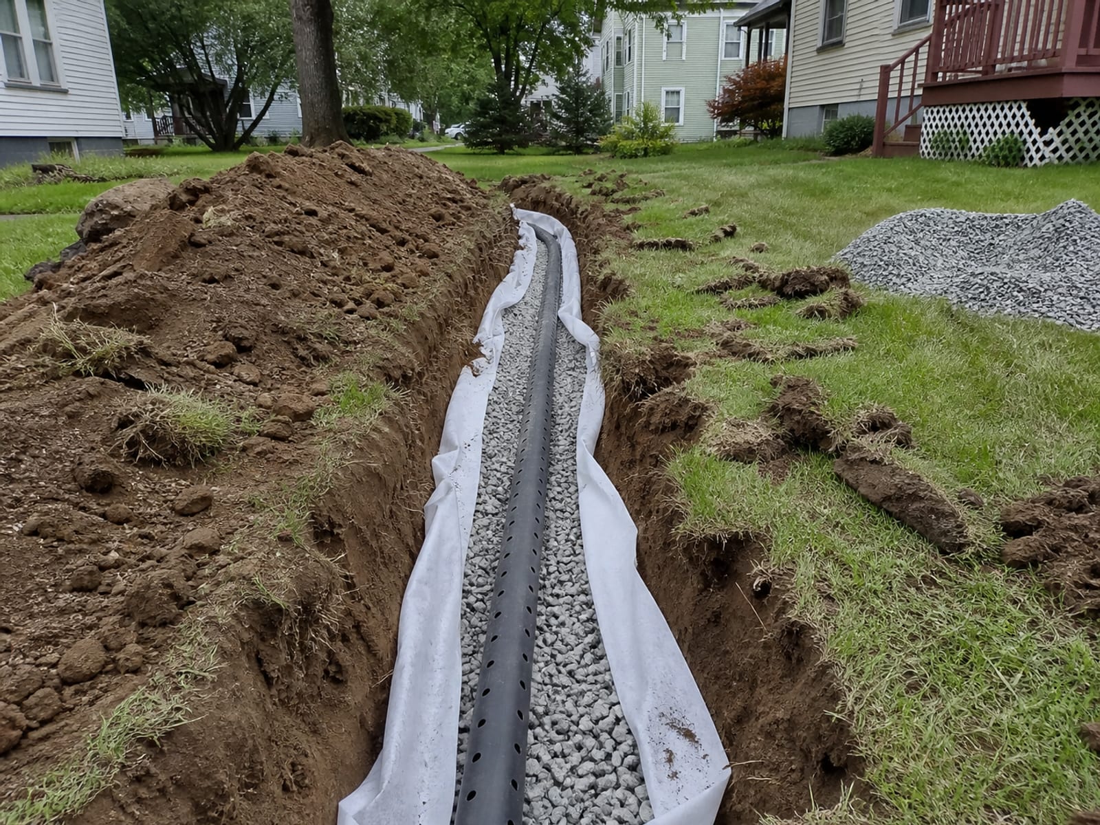 Perforated pipe bedded in washed stone within an open trench, filter fabric folded back along both sides and additional stone staged on the lawn alongside