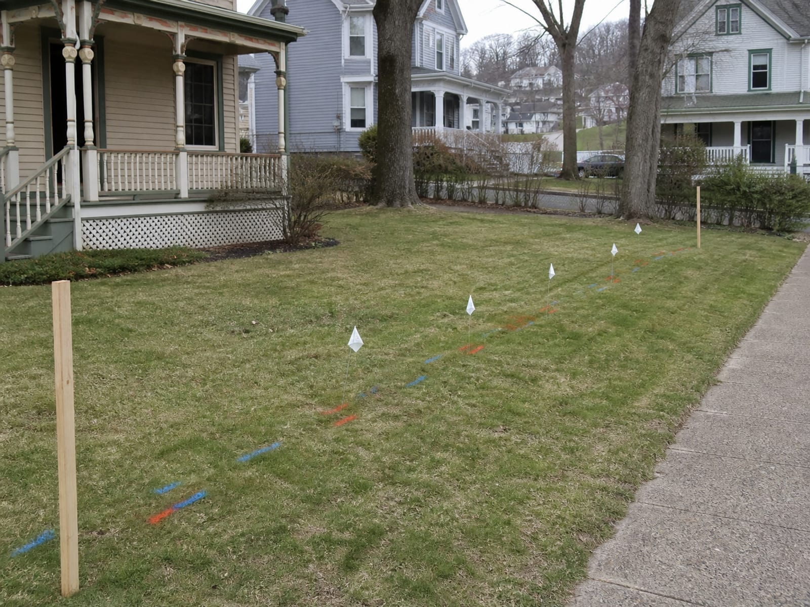 Utility locate paint and marker flags running across a residential lawn along a marked drainage route, with work limit stakes at each end
