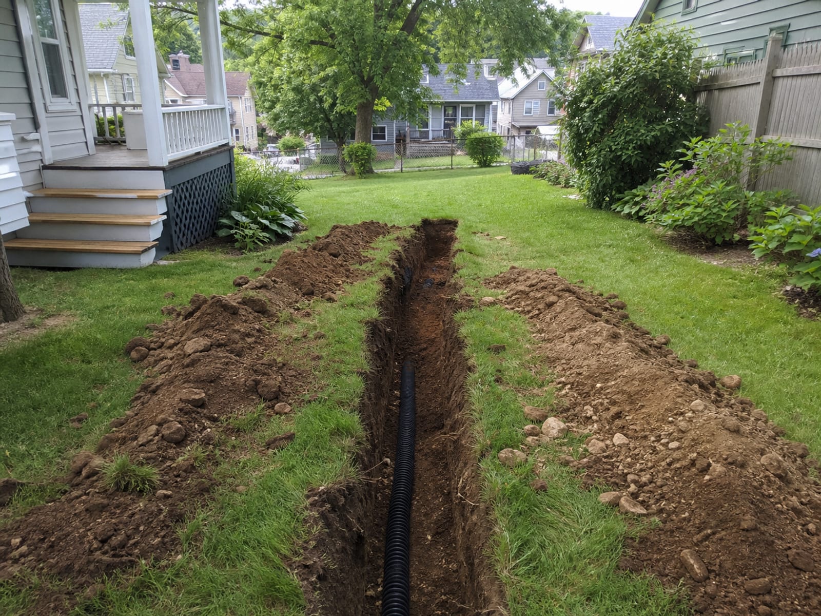 Narrow drainage trench open across part of a back yard with excavated soil kept back from the edge and the rest of the route still closed