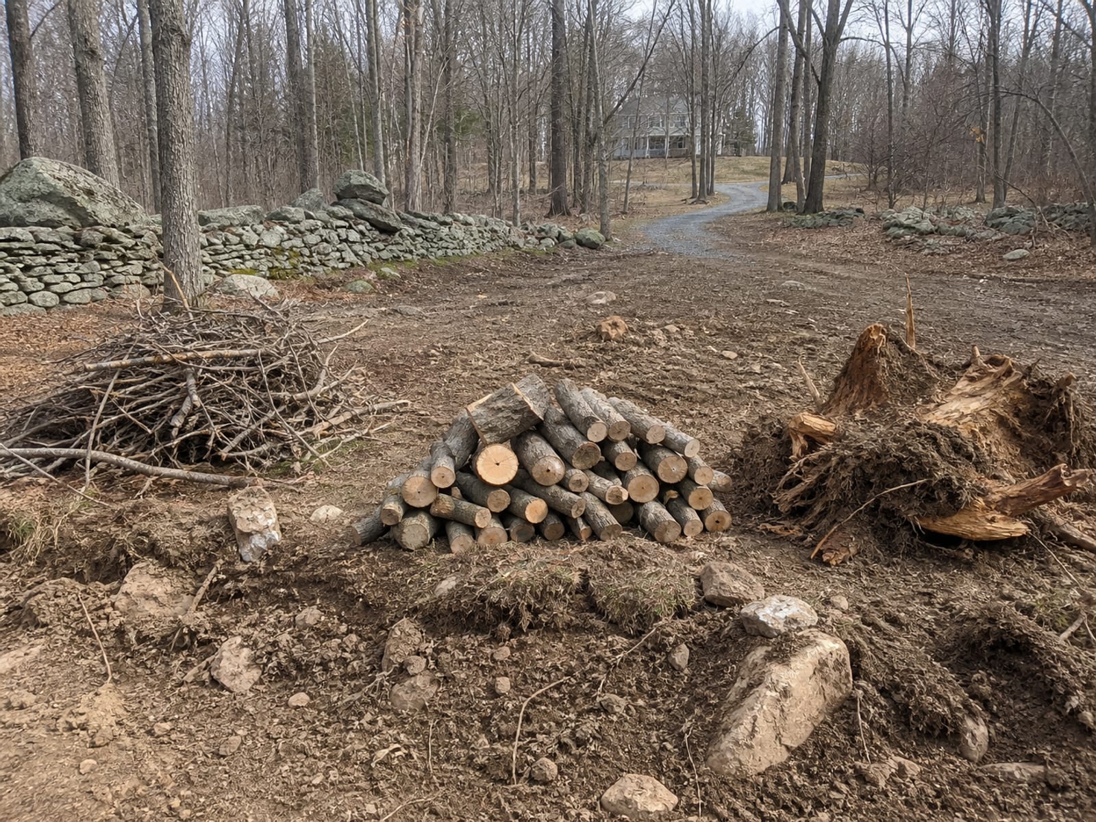 Separate piles of brush, logs cut to length, and stumps staged at the edge of a clearing area on a rural property