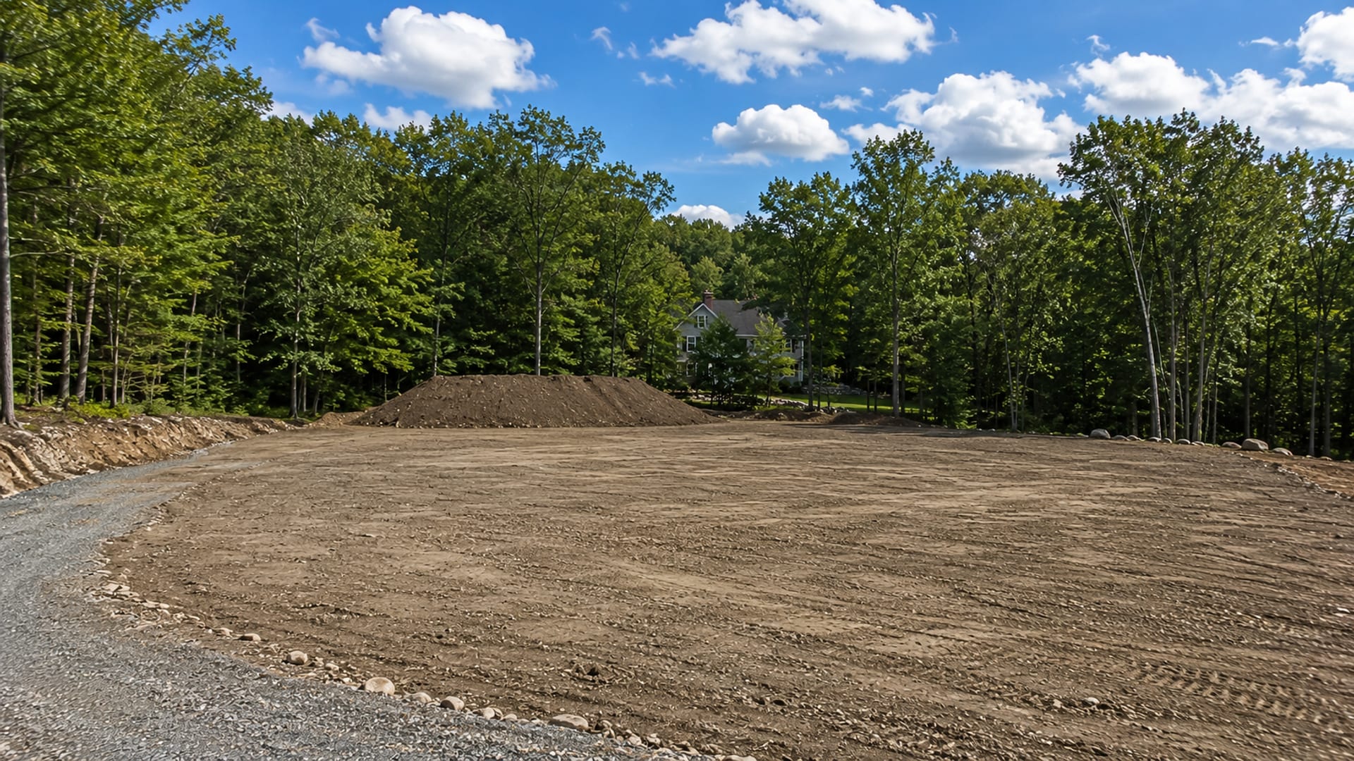 Wide panoramic view of a completed graded residential building site with cleared earth, topsoil stockpile, and surrounding Connecticut forest