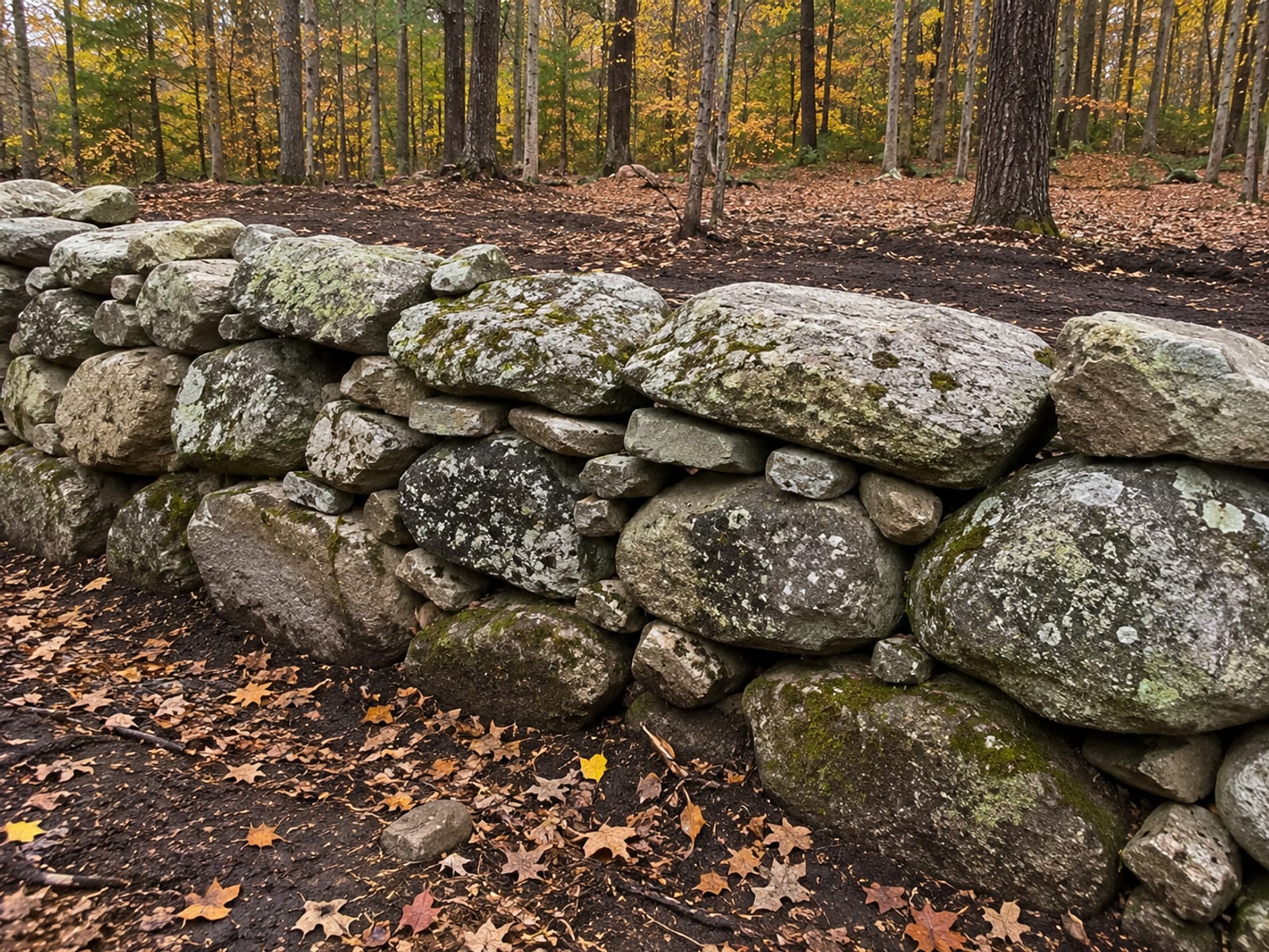 Close view of a dry-laid New England stone wall at the edge of a cleared wooded lot with leaf litter and mature tree trunks in the background
