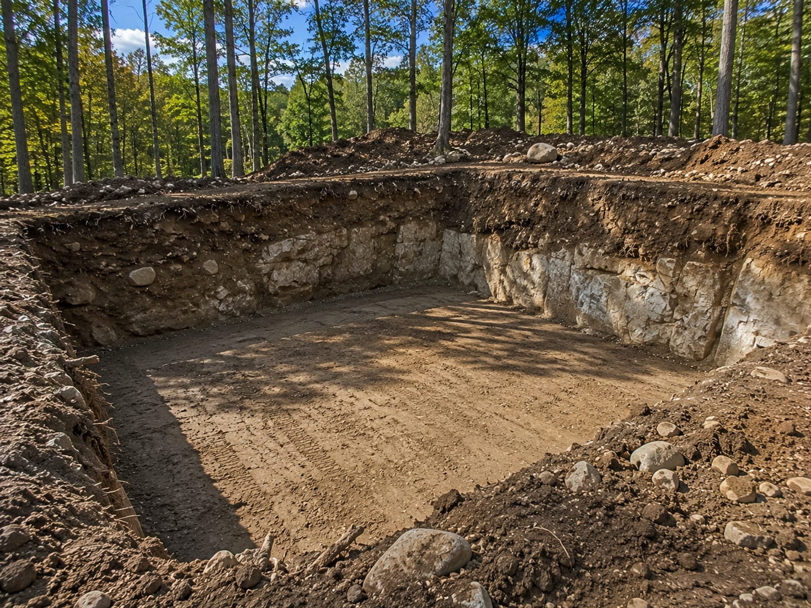Open residential foundation excavation with exposed ledge rock and glacial till sidewalls in a Connecticut wooded lot