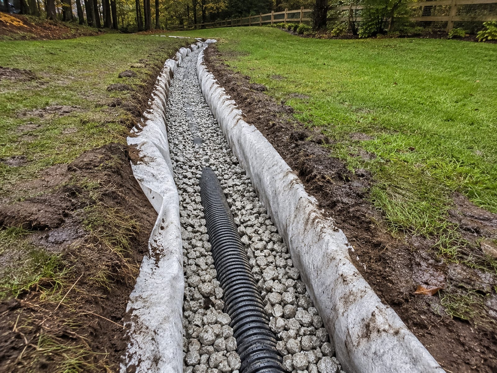 Freshly installed French drain trench with perforated pipe and washed stone in a Connecticut residential yard