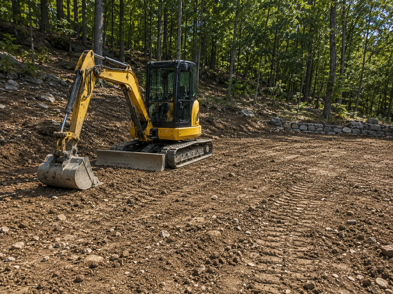 Freshly graded residential lot with exposed glacial till soil and a compact yellow tracked excavator parked beside a wooded Connecticut hillside