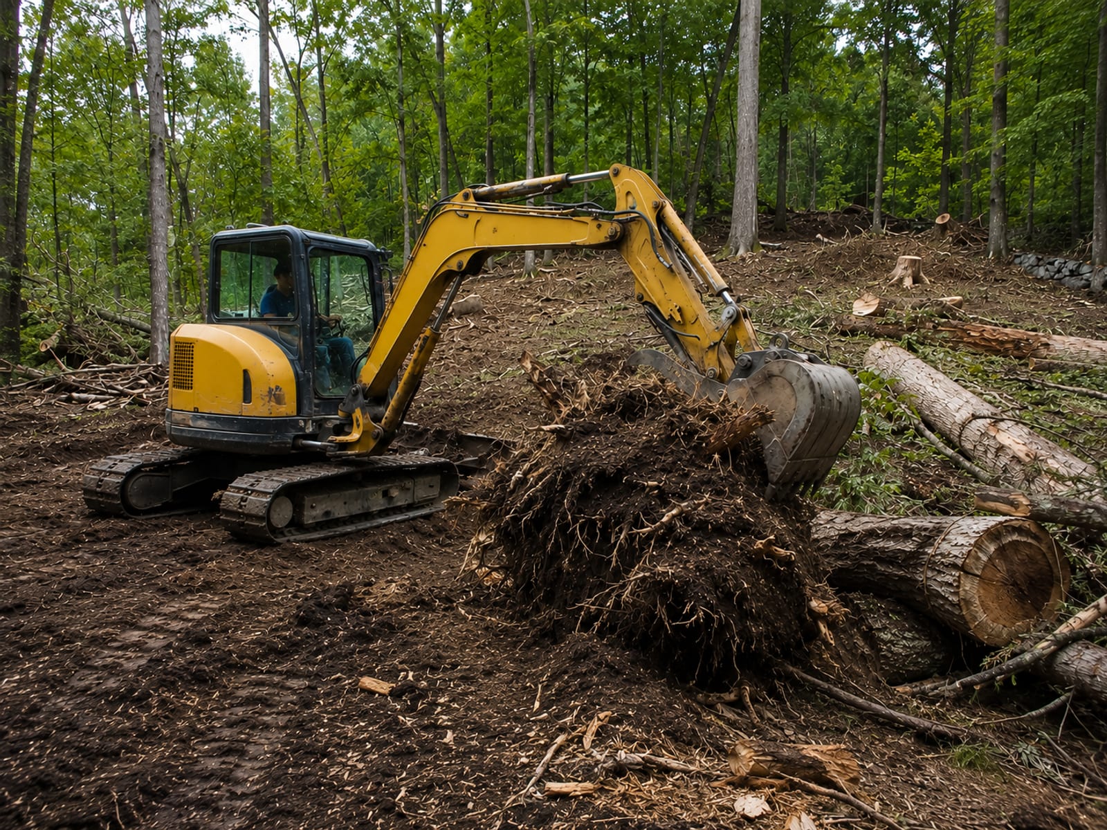 Compact yellow tracked excavator clearing a dense wooded lot in Ansonia CT among stumps and felled trees