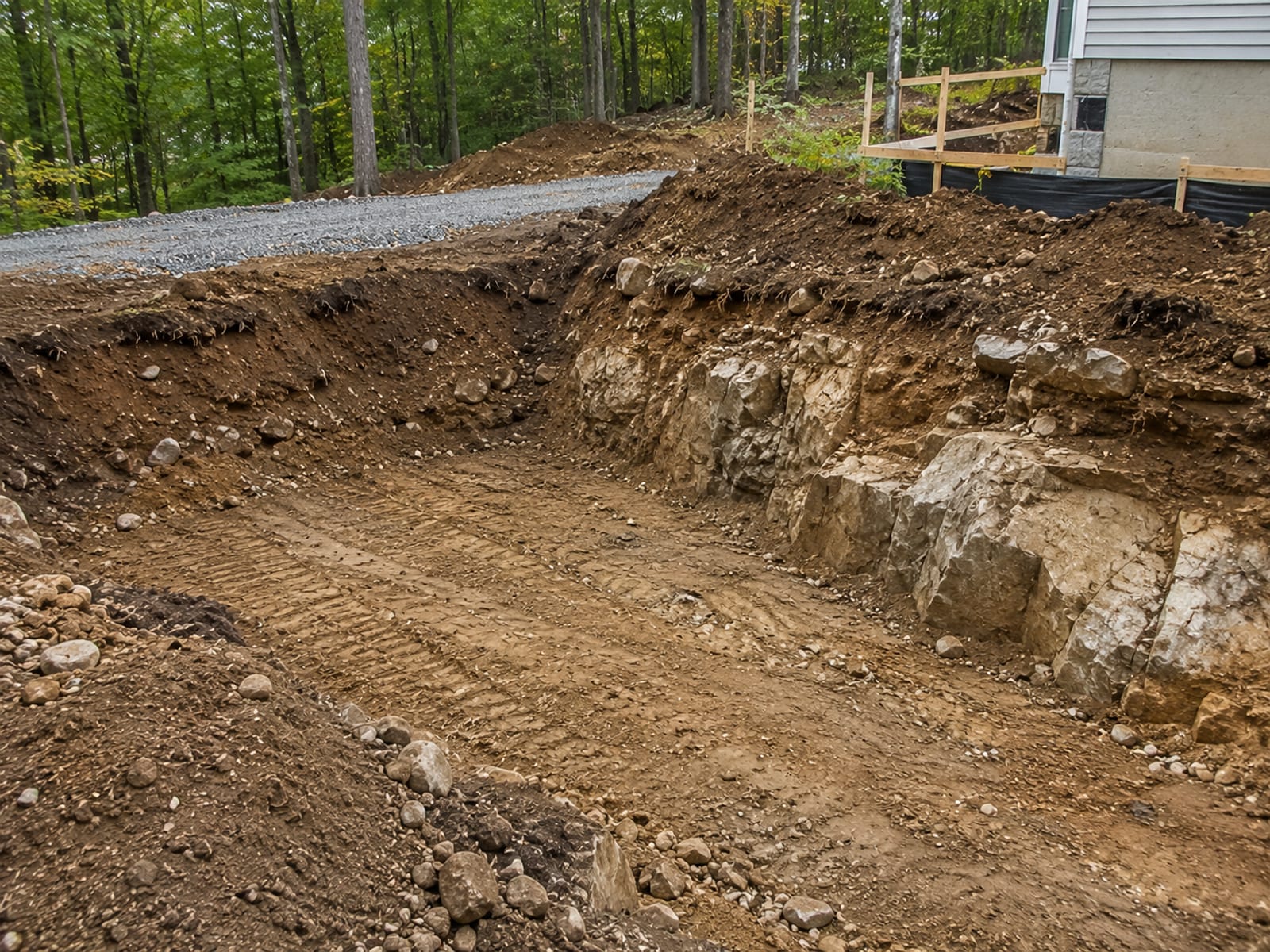 Freshly excavated residential lot in Ansonia CT with exposed glacial till soil and rocky ledge