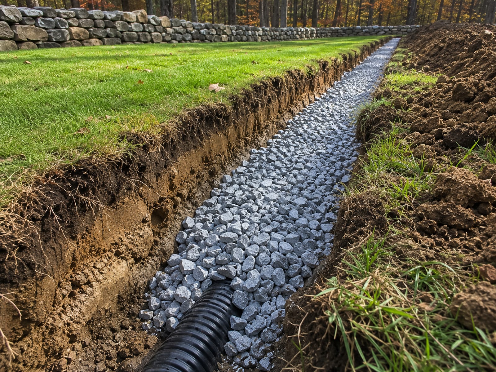 Freshly dug French drain trench filled with clean crushed stone alongside a residential lawn in Ansonia CT