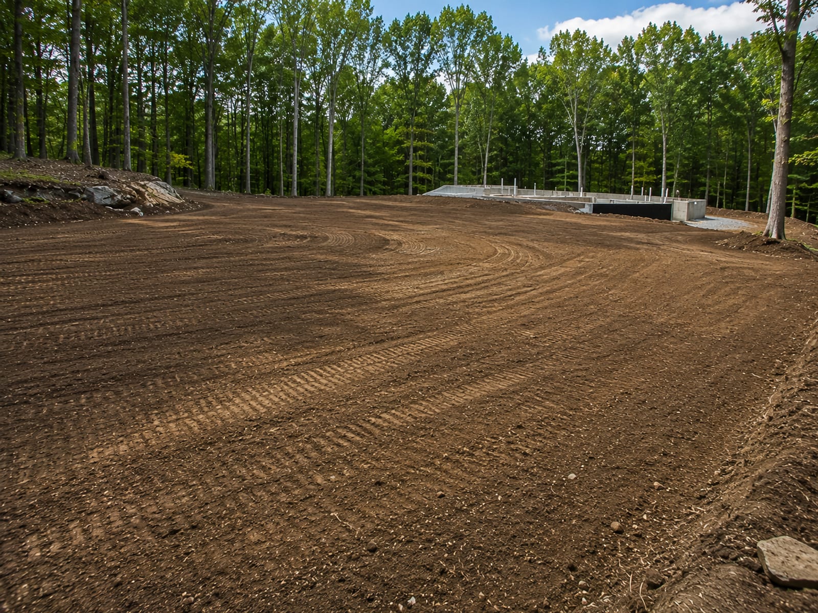 Smoothly graded residential building lot in Ansonia CT with compacted earth surface and surrounding tree line