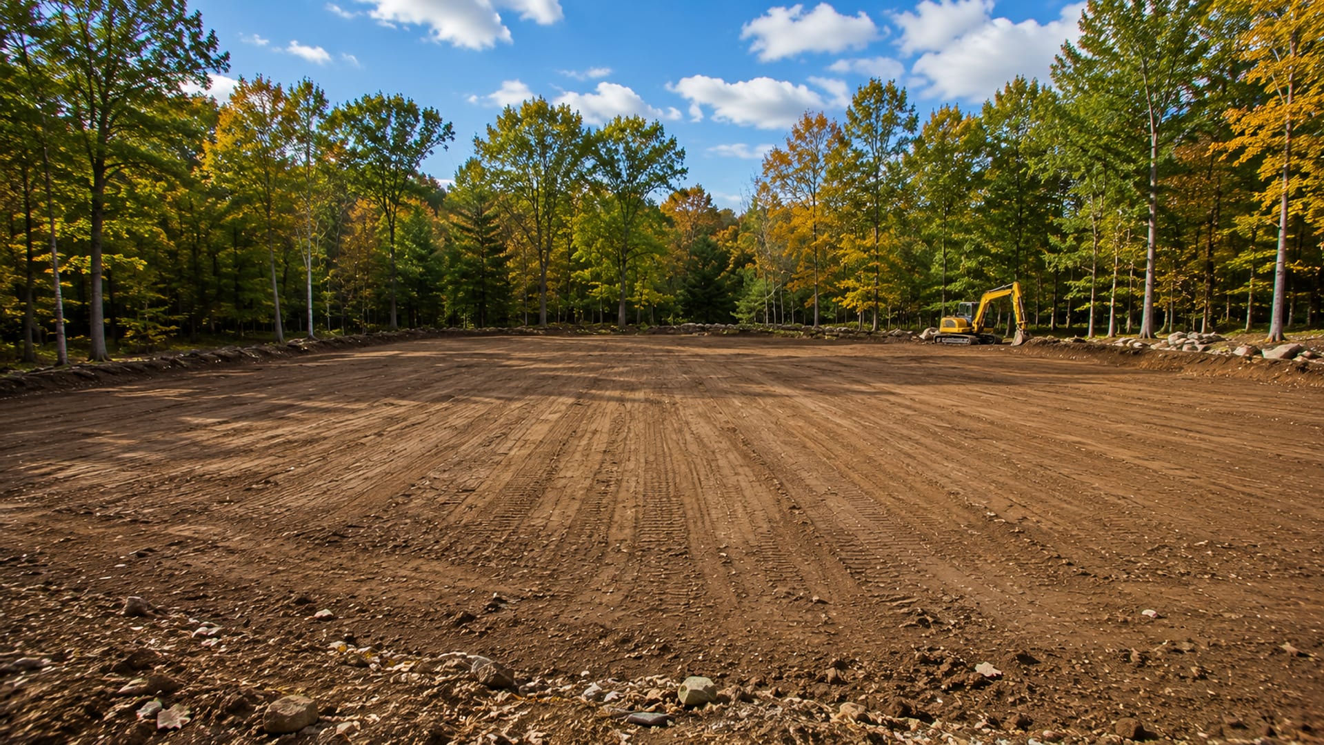 Wide panoramic view of a freshly graded residential lot in Bridgewater CT with smooth leveled earth and surrounding tree line
