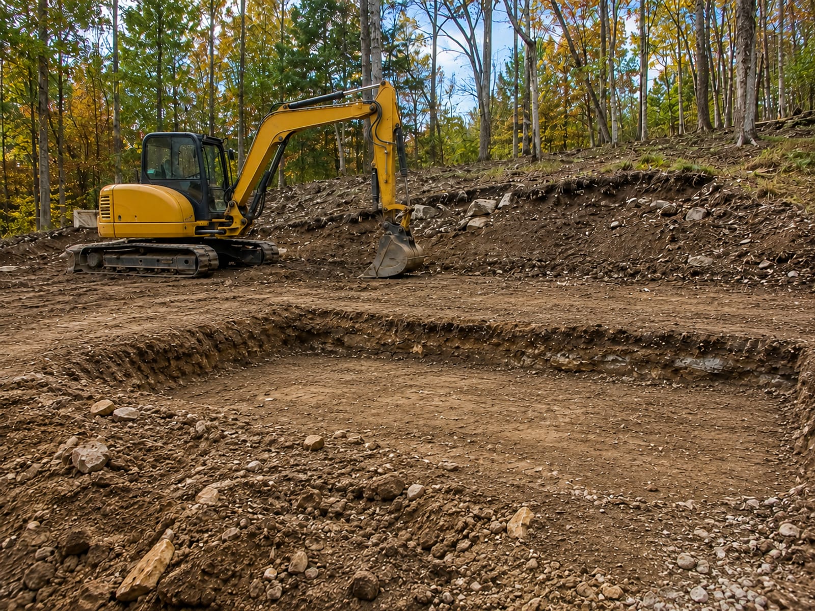Freshly excavated residential lot in Bridgewater CT with exposed glacial till soil and rocky ledge cuts