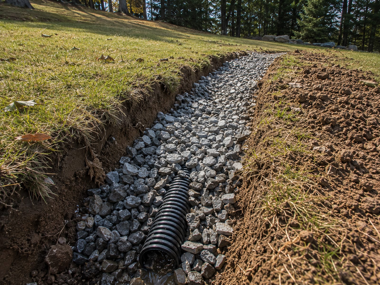 Freshly installed French drain trench with perforated pipe and gravel fill along a sloped yard in Bridgewater CT