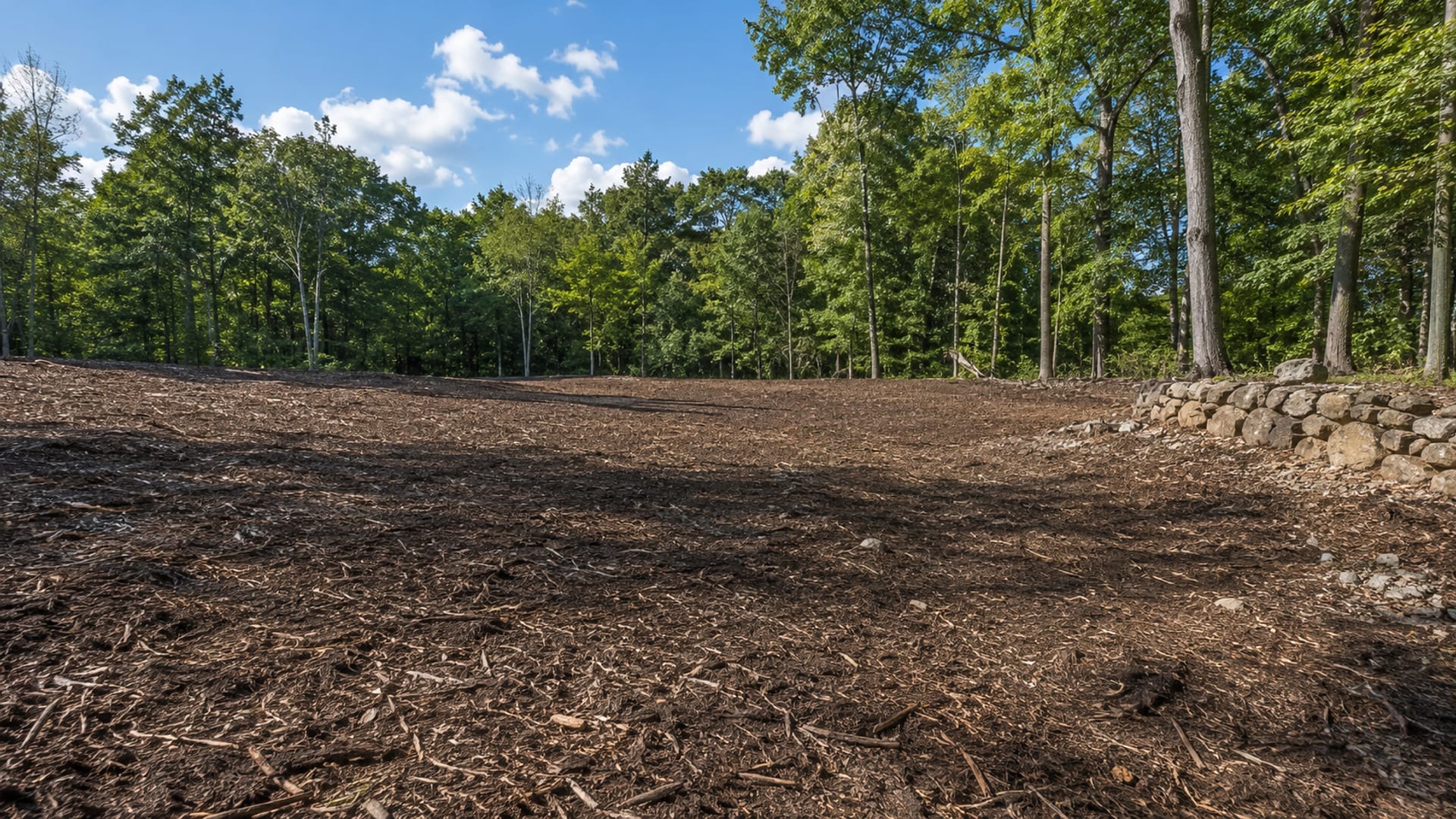 Wide cleared residential lot with mulched ground cover and stumps removed adjacent to a standing tree line in western Connecticut