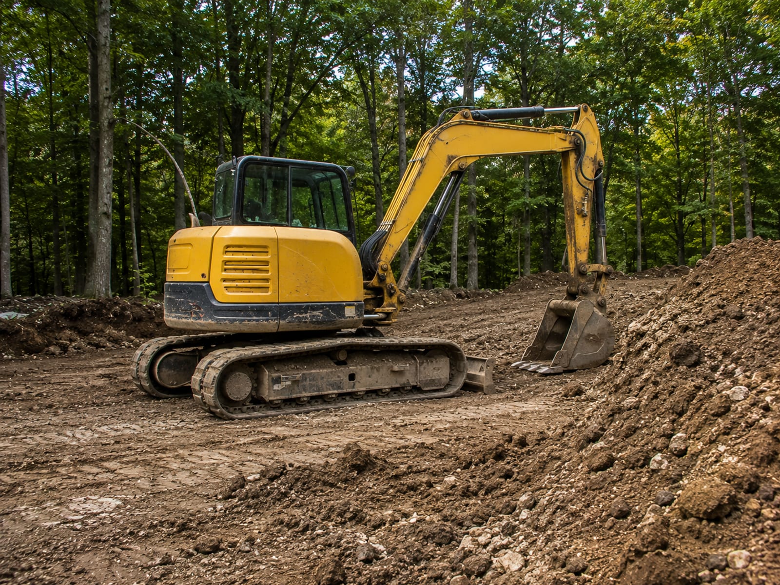 Compact yellow tracked excavator parked on a residential job site with disturbed earth and woodland backdrop in Connecticut