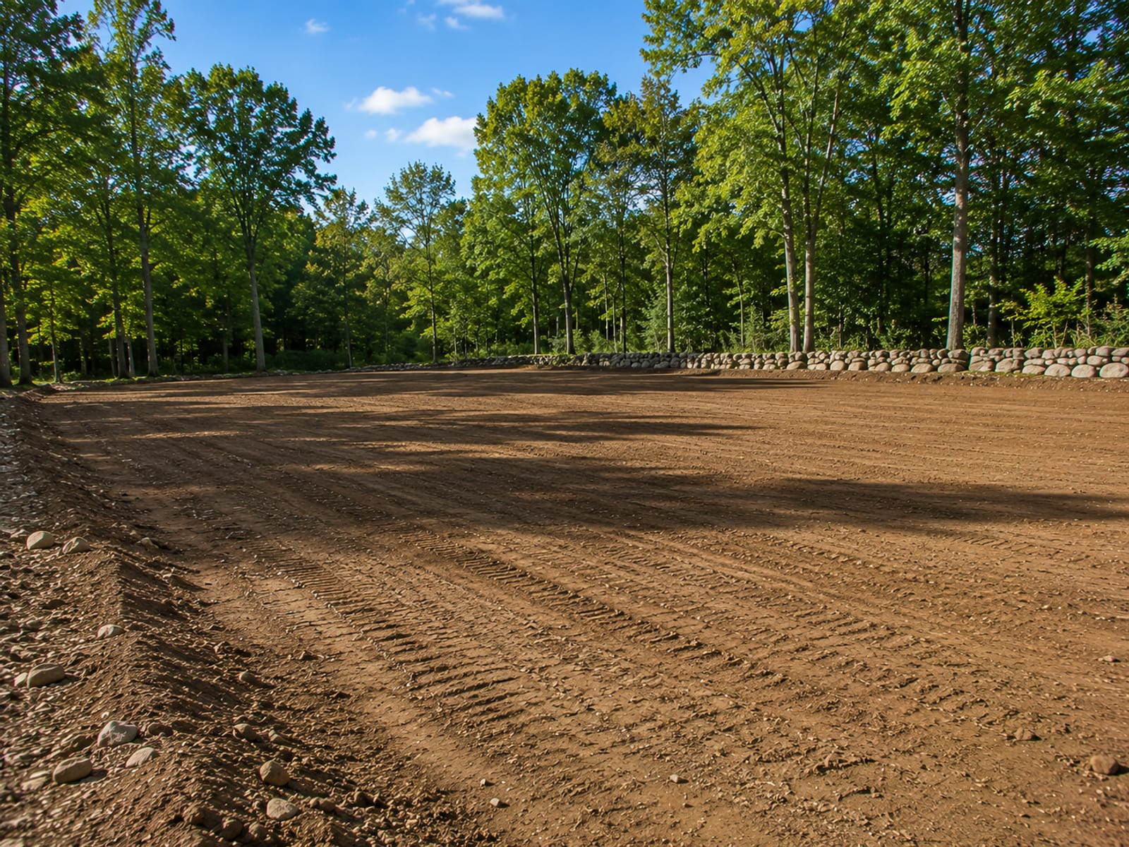 Freshly graded residential lot in Oxford CT with smooth compacted earth and wooded perimeter ready for construction