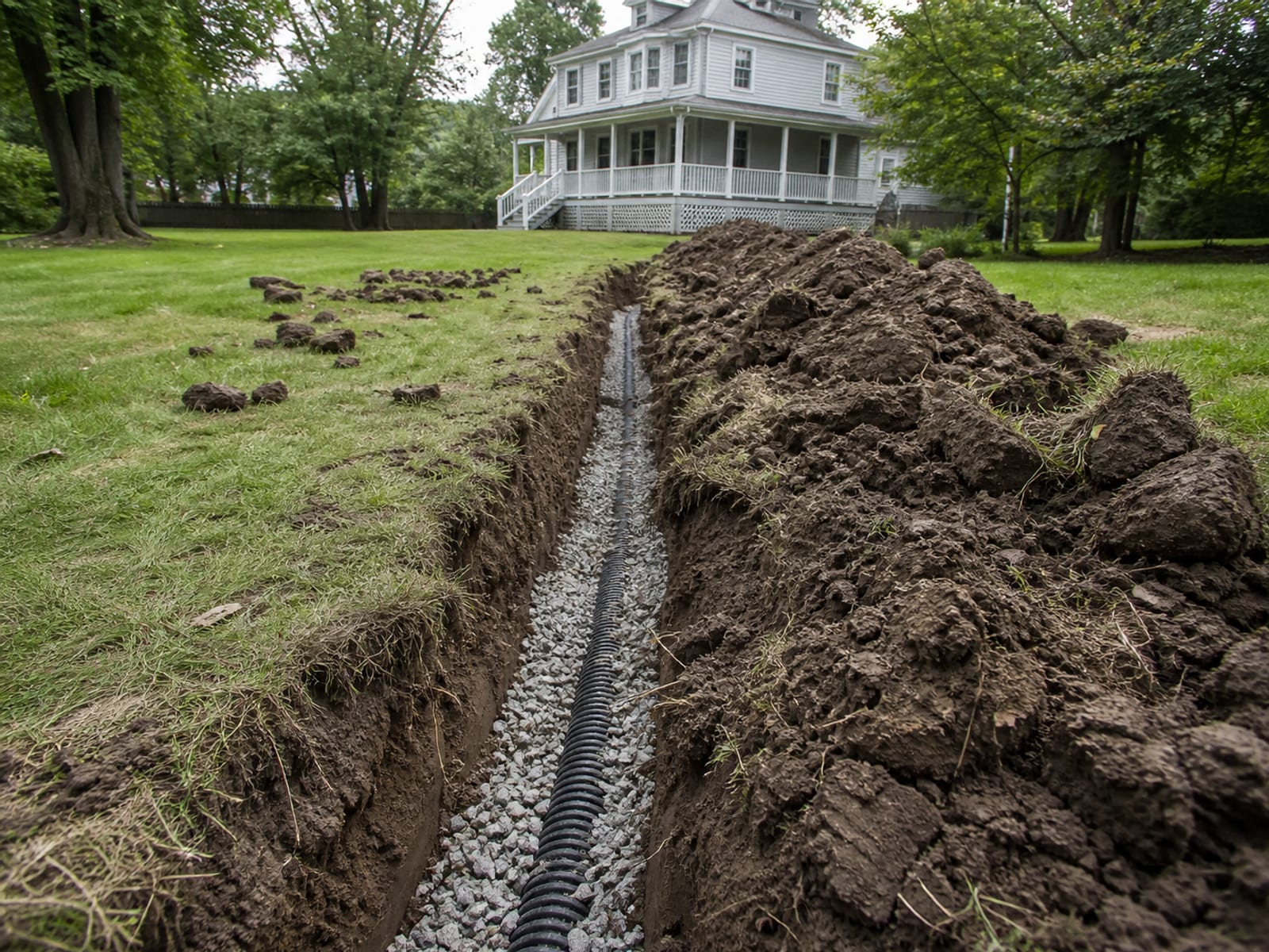 Shallow drainage trench cut across an open back lawn with black perforated pipe in the bottom and excavated soil mounded in a ribbon alongside