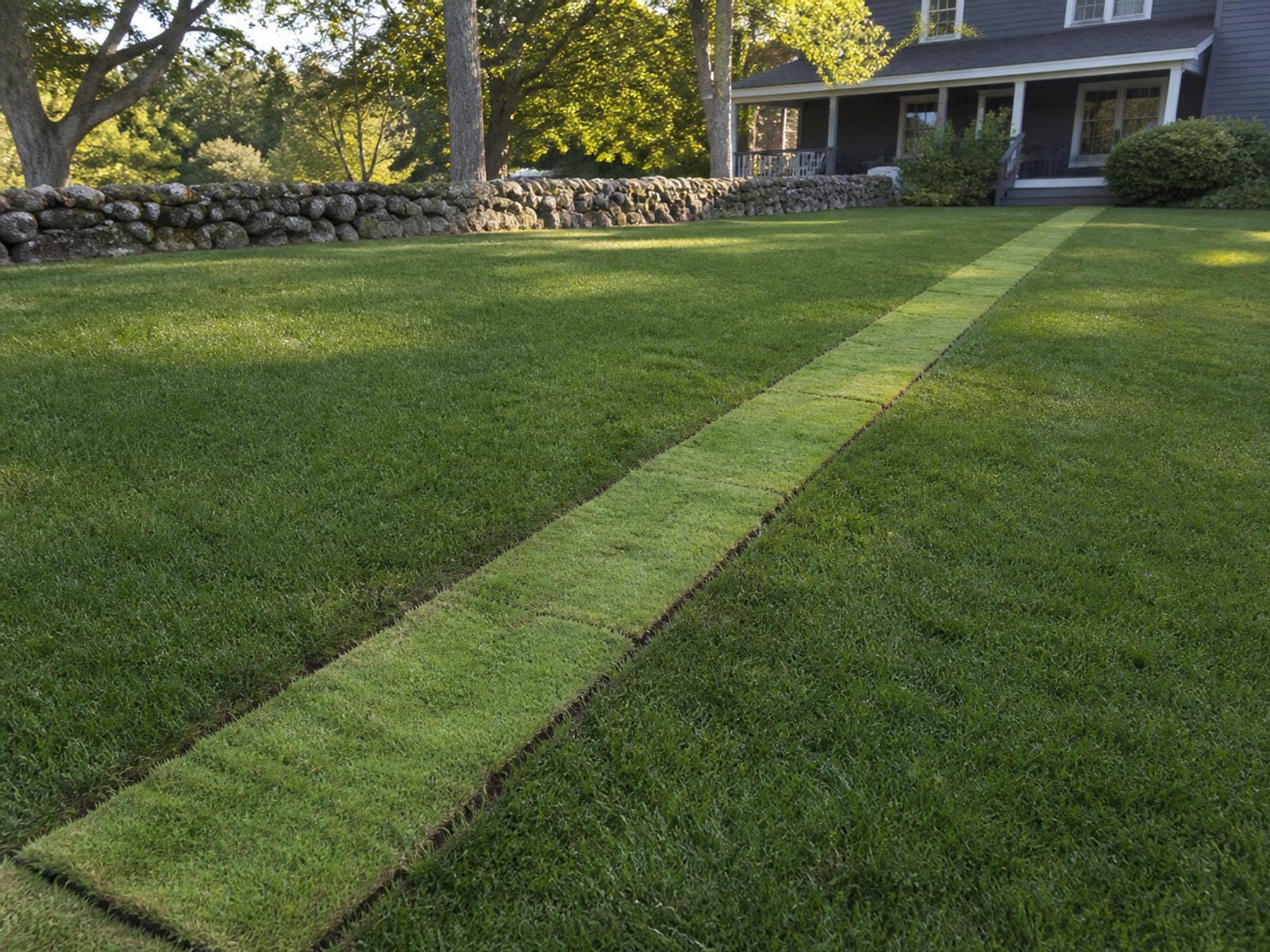 Restored back lawn with a strip of fresh sod running where a drainage trench was and the surrounding grass left intact