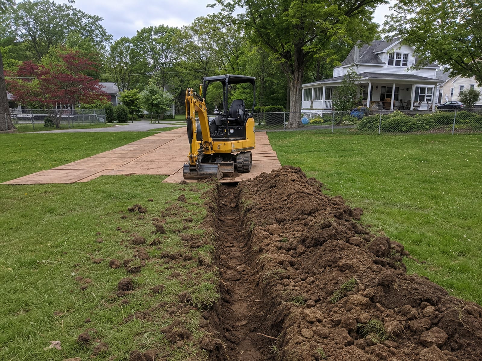 Compact yellow tracked mini excavator parked idle at the end of a roughly torn trench the width of its bucket, with broken clods thrown onto the grass on both sides