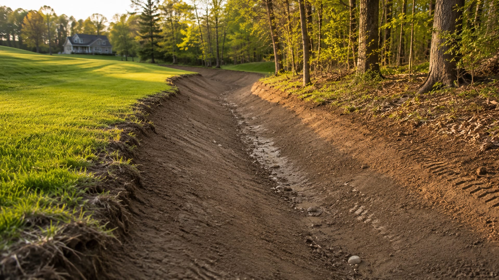 Wide graded drainage swale running along the edge of a residential lawn in Connecticut with gentle slope toward a wooded area