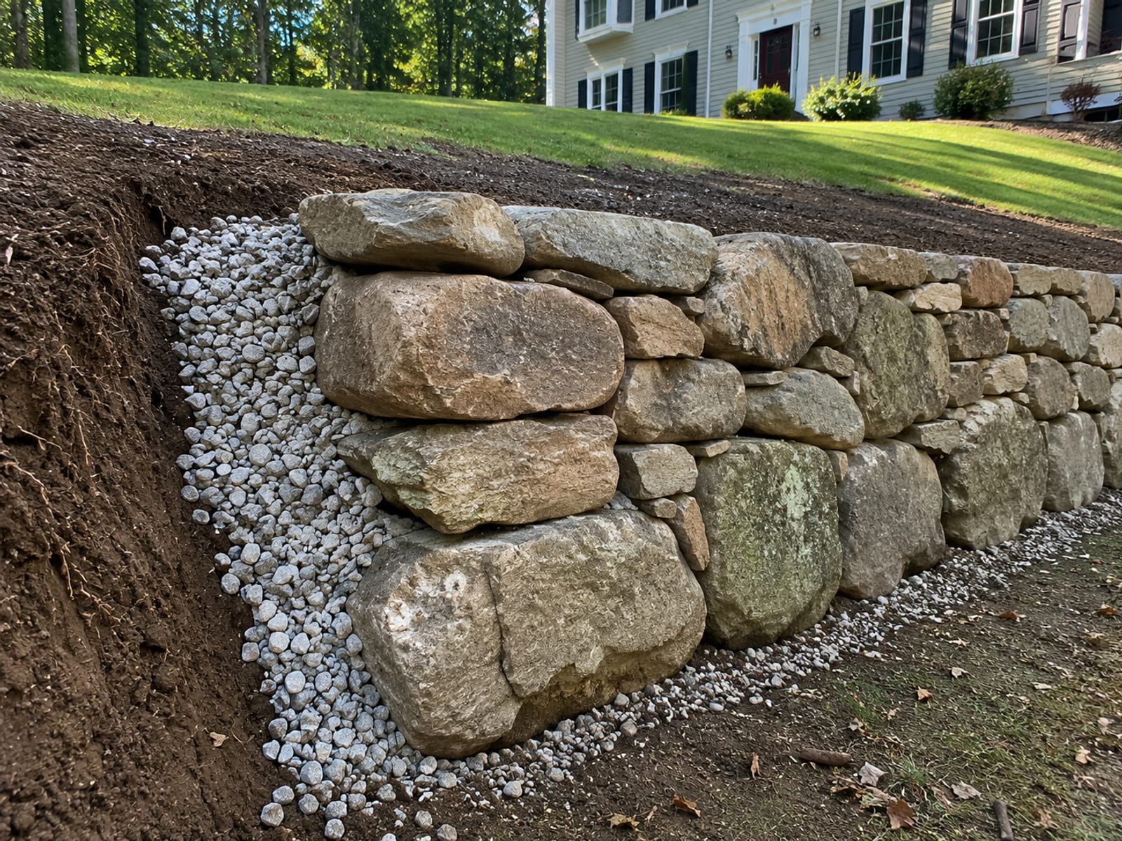Dry-stacked natural stone retaining wall with a gravel drainage layer behind it along a sloped residential yard in Connecticut