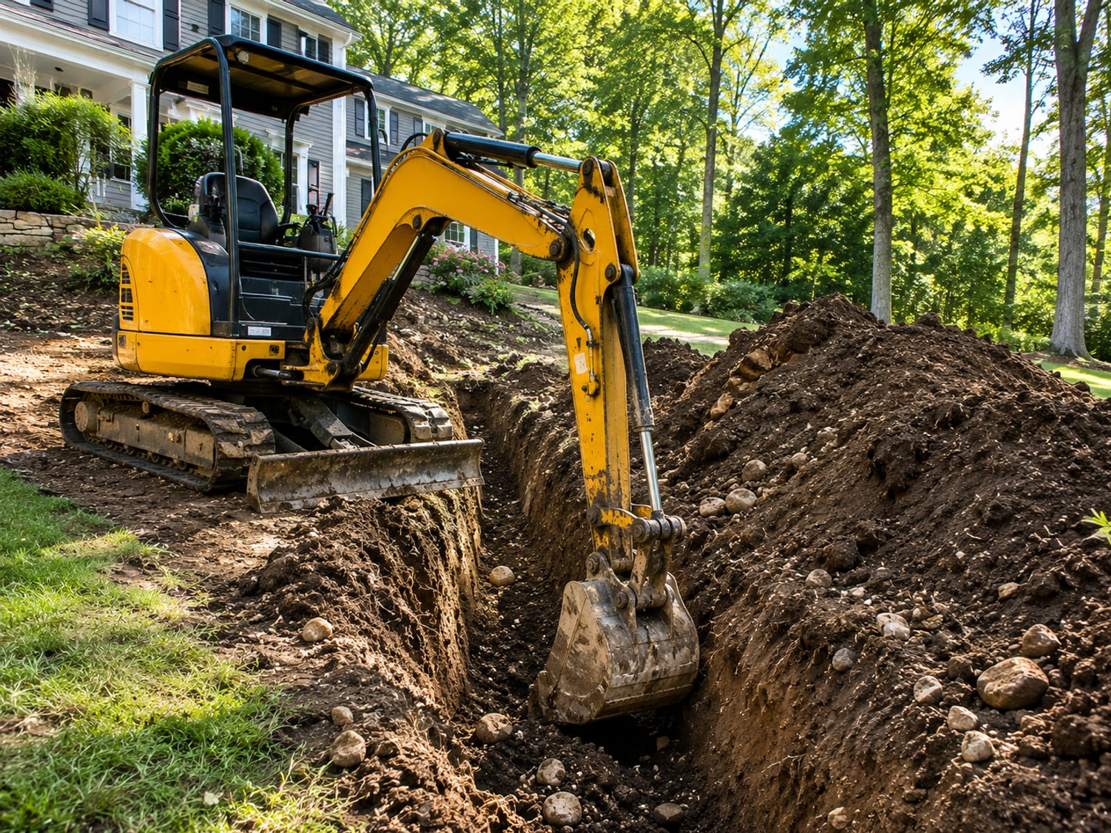 Compact yellow tracked excavator digging a drainage trench along a sloped residential lot in Connecticut with piles of excavated soil nearby