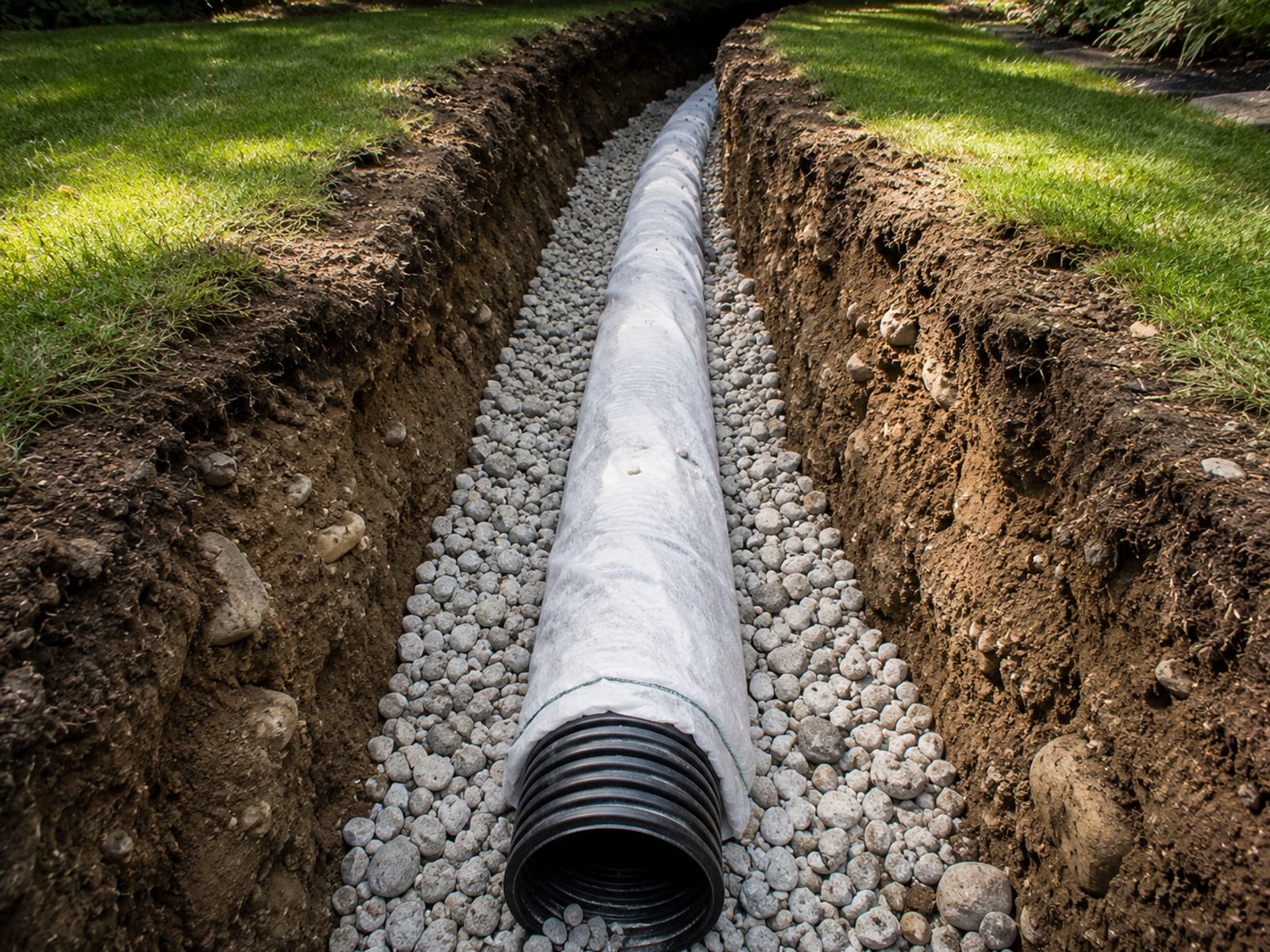 Open French drain trench with perforated pipe wrapped in filter fabric and surrounded by clean drainage stone in a residential backyard