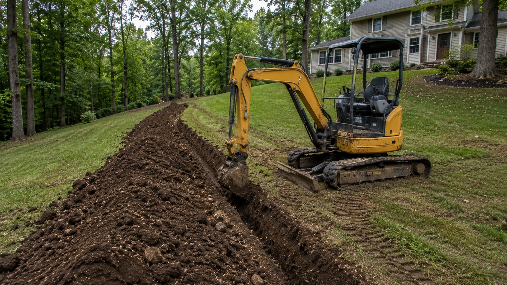 Compact yellow tracked excavator digging a drainage trench across a sloped residential yard in wooded Connecticut