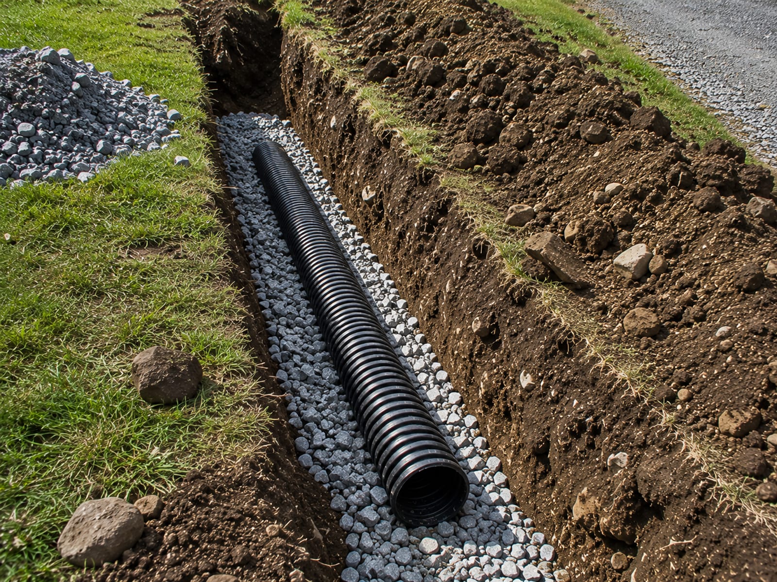 Open trench showing corrugated drainage pipe being installed with crushed stone backfill on a Connecticut residential property