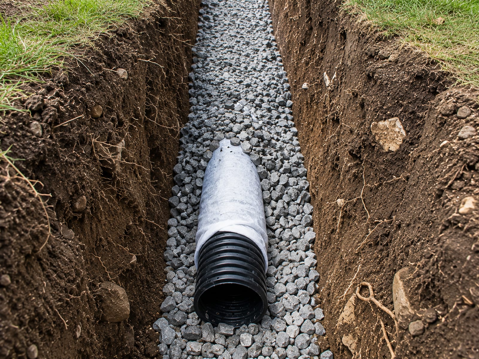 Cross-section view of an open French drain trench showing layered crushed stone and perforated pipe on a Connecticut residential lot