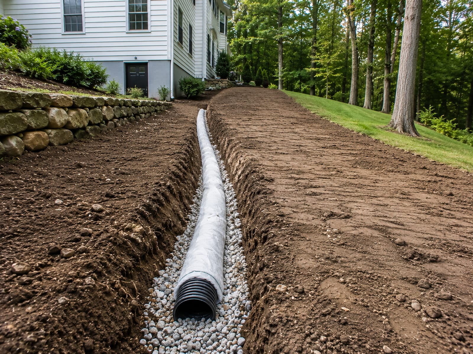 Freshly graded backyard of a colonial-style Connecticut home with a newly installed French drain trench running along the lawn edge
