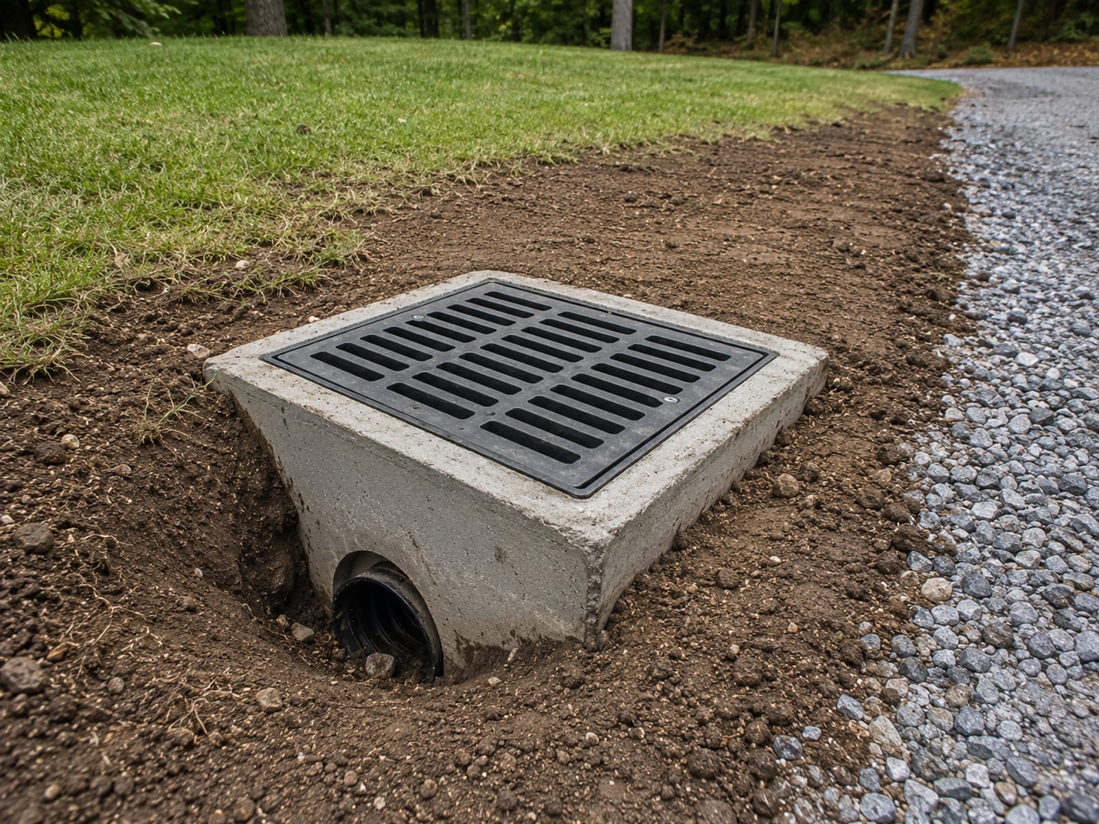 Newly installed concrete catch basin with grated inlet set flush in a graded lawn near a driveway edge in Connecticut