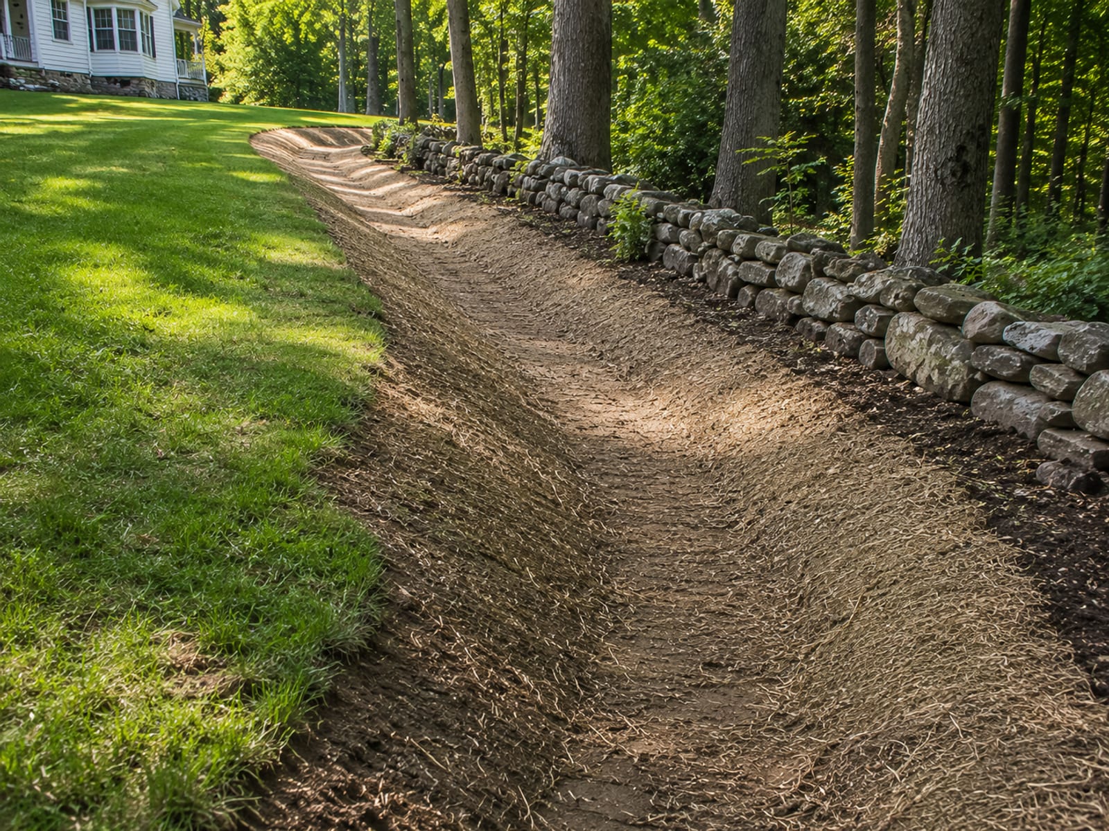 Finished graded drainage swale running along a property edge with compacted soil and seeded grass on a Connecticut residential lot