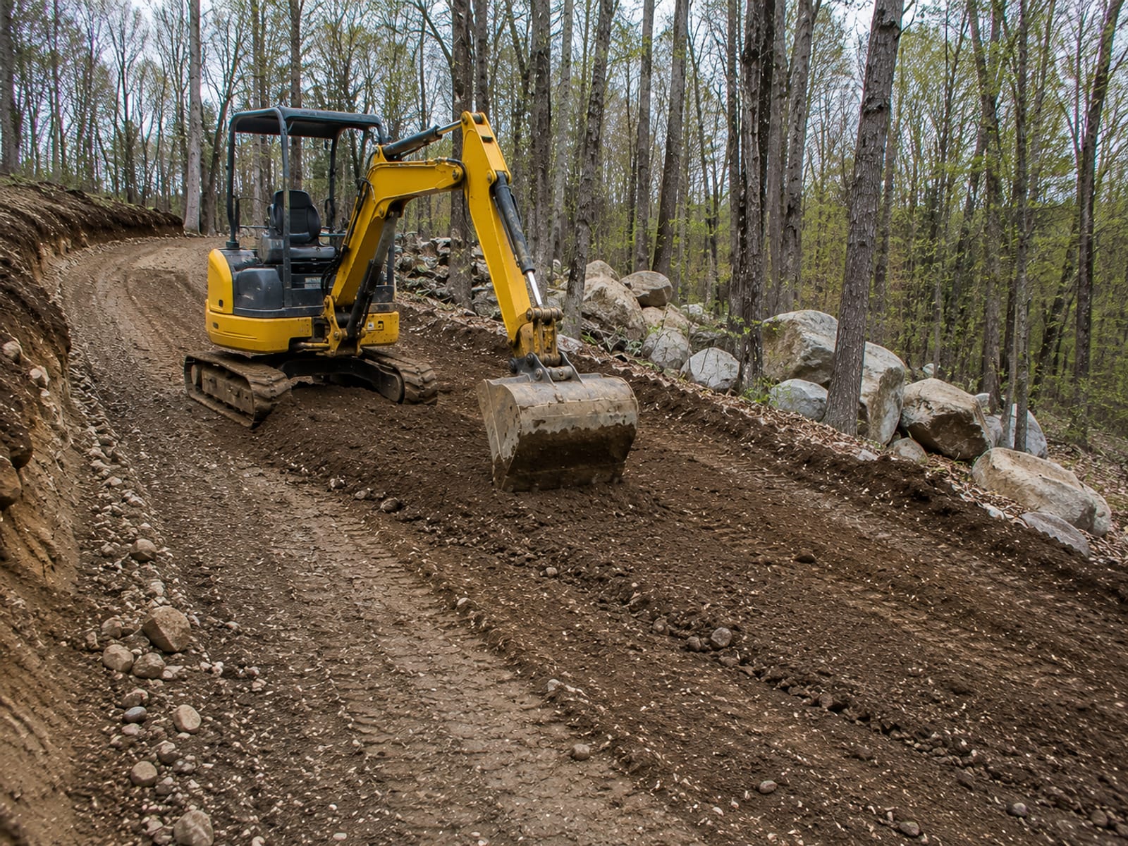 Small yellow tracked excavator grading a dirt roadway on a sloped New England residential property with wooded backdrop