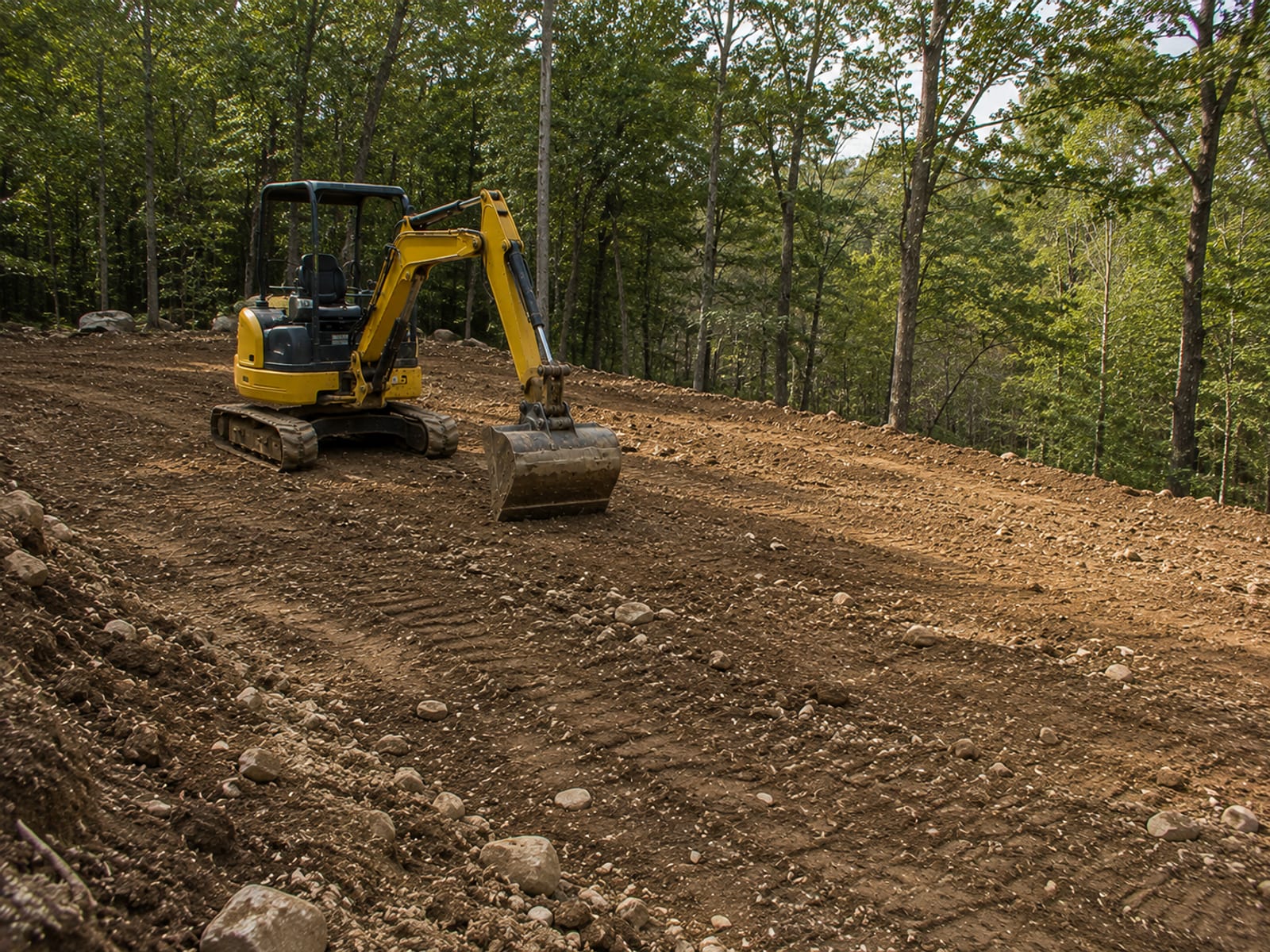 Freshly graded and leveled earth on a sloped residential lot in a wooded Connecticut setting