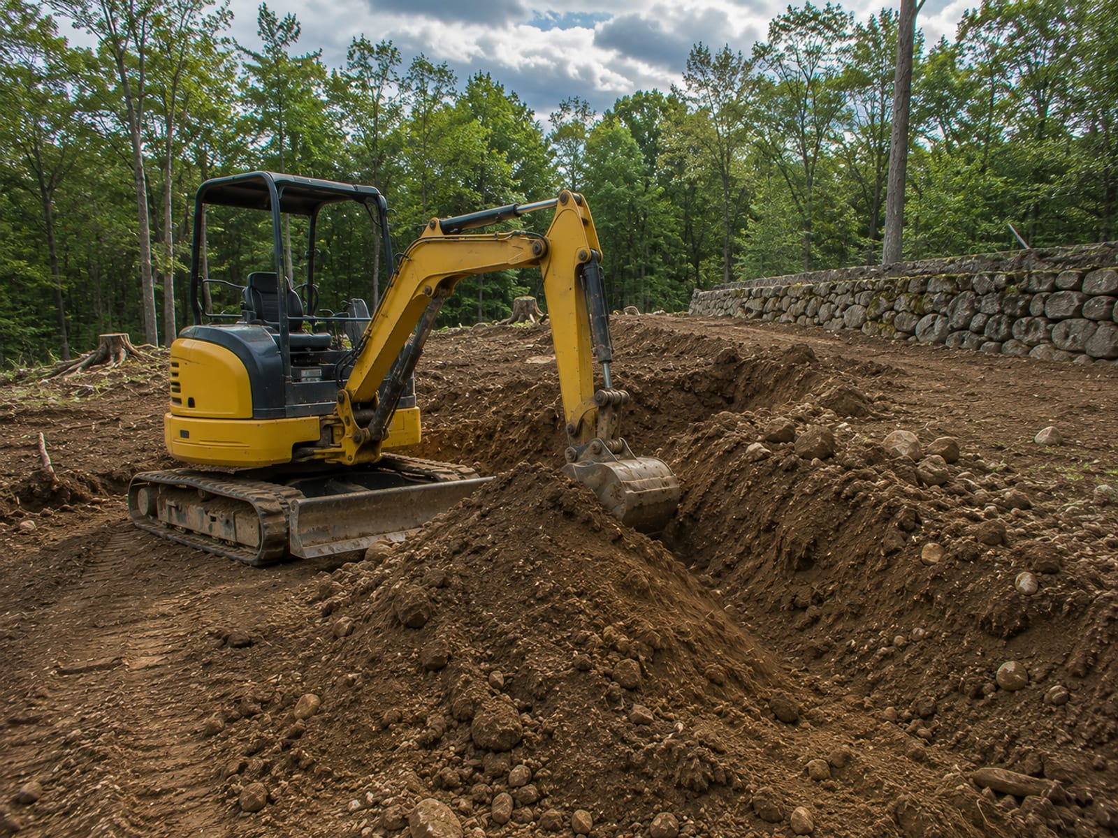 Compact yellow tracked excavator actively pushing and shaping a dirt berm on a sloped residential lot in Connecticut