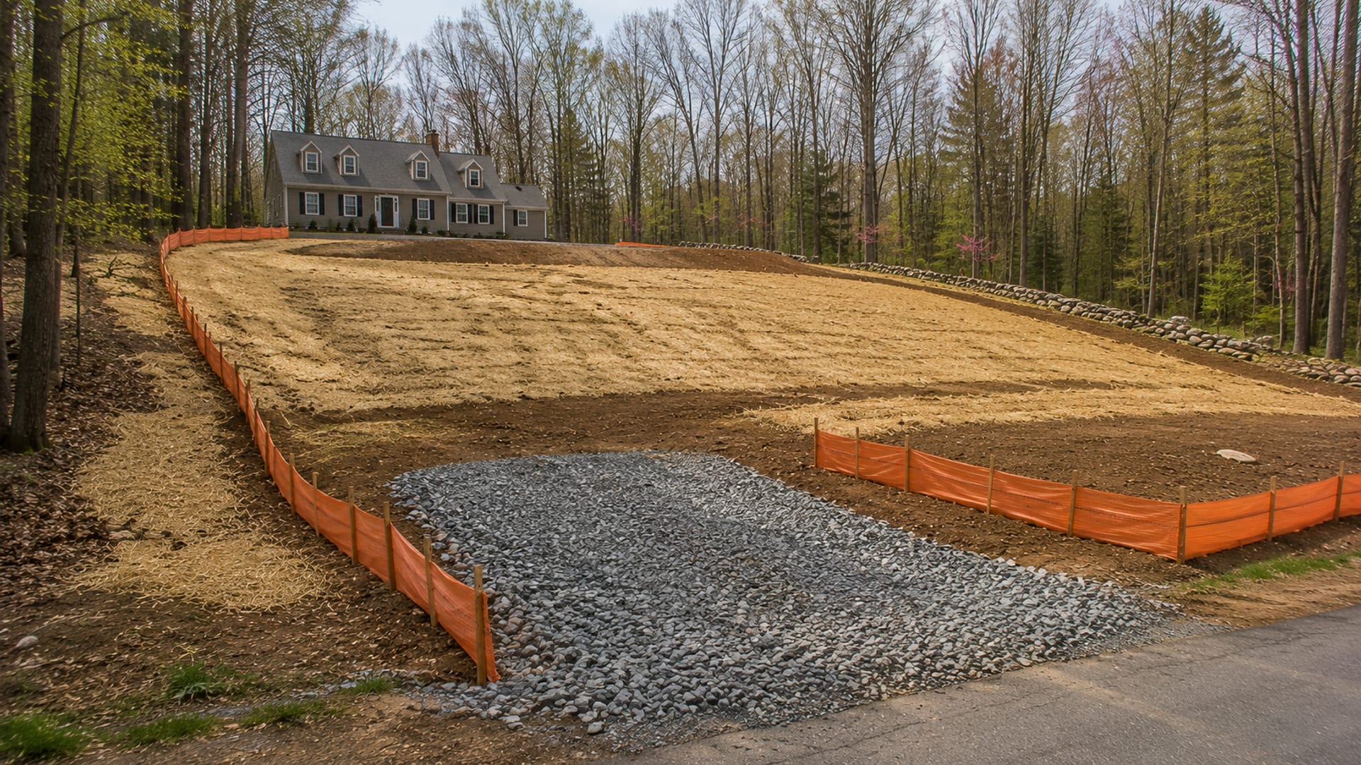 Wide aerial perspective of a fully protected graded residential site with silt fencing and sediment controls throughout
