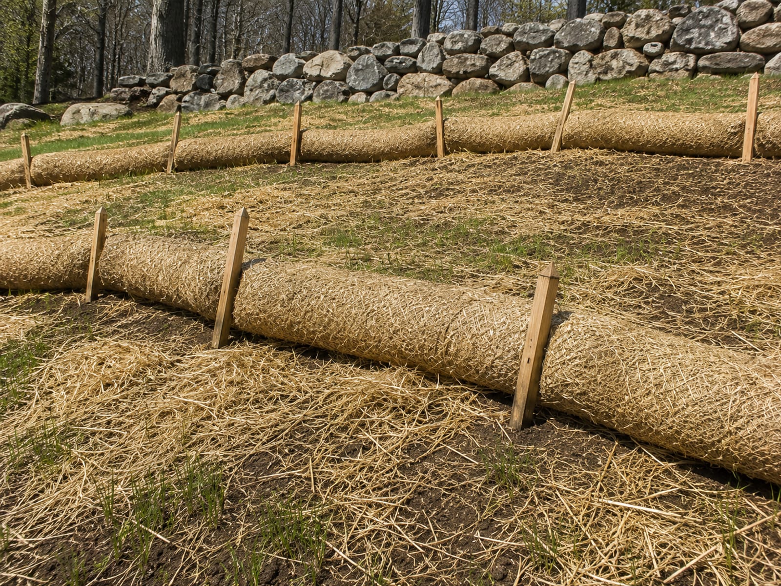 Straw wattles and silt barriers staked along a freshly seeded slope on a Connecticut residential property