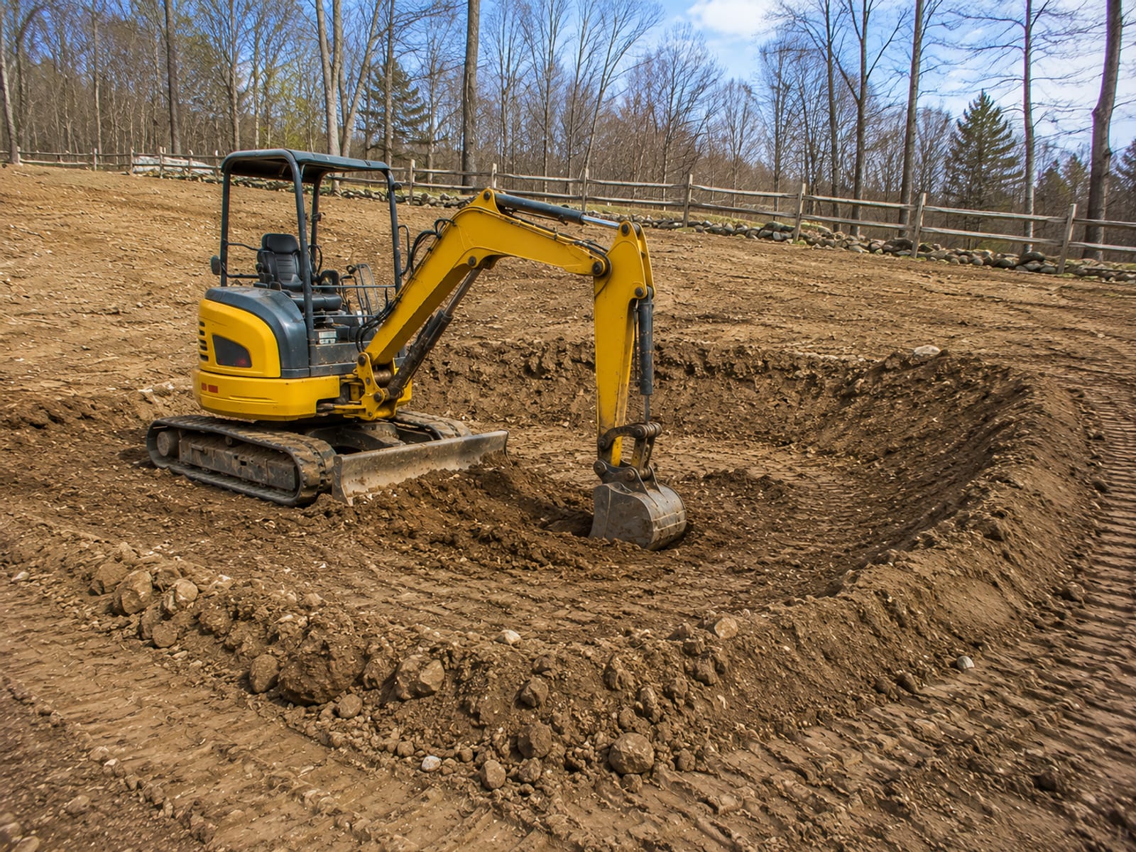 Compact yellow excavator forming a temporary sediment basin at the base of a graded slope on a residential lot