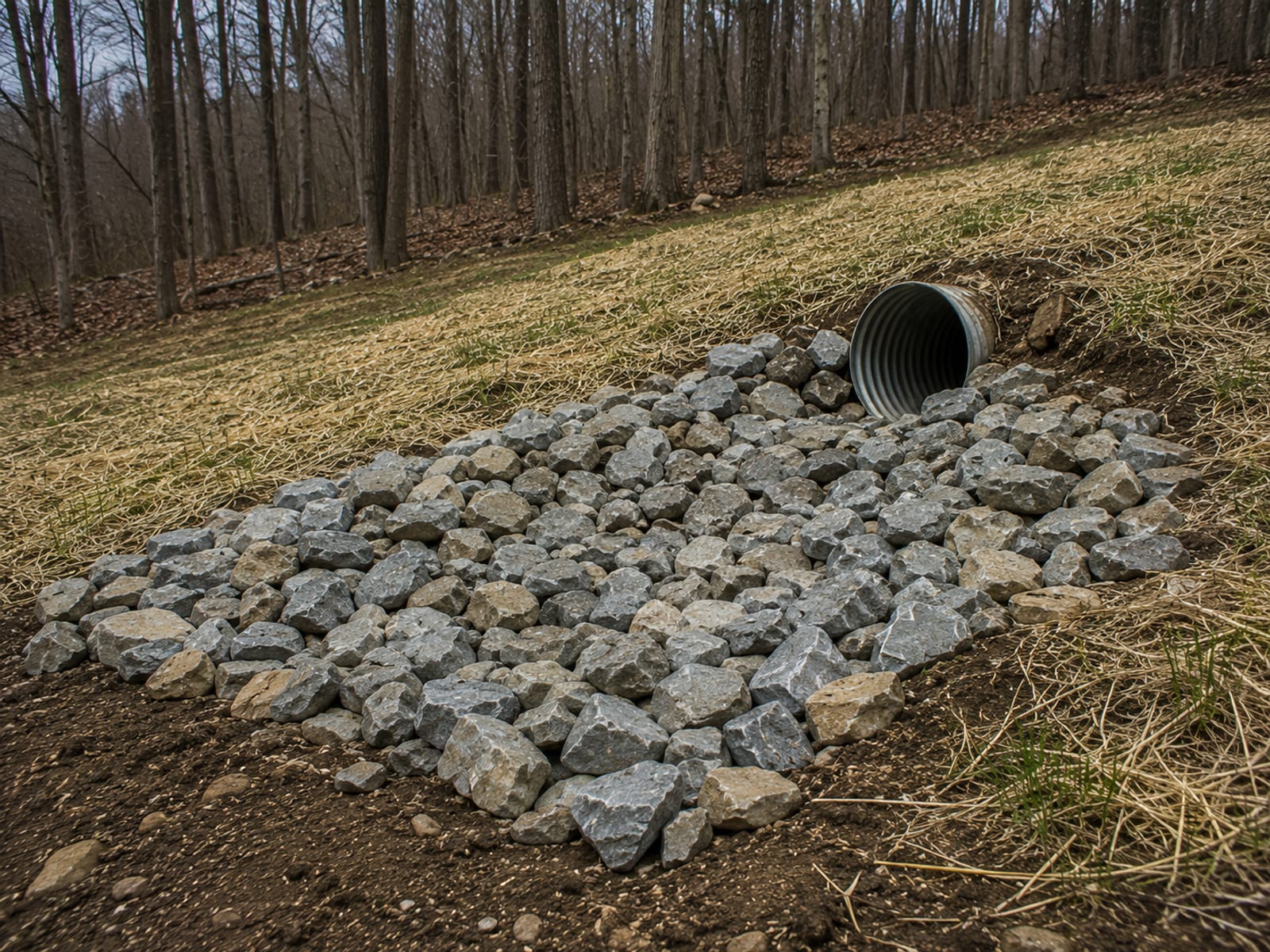 Riprap stone apron stabilizing a drainage outlet at the base of a graded slope on a Connecticut residential property