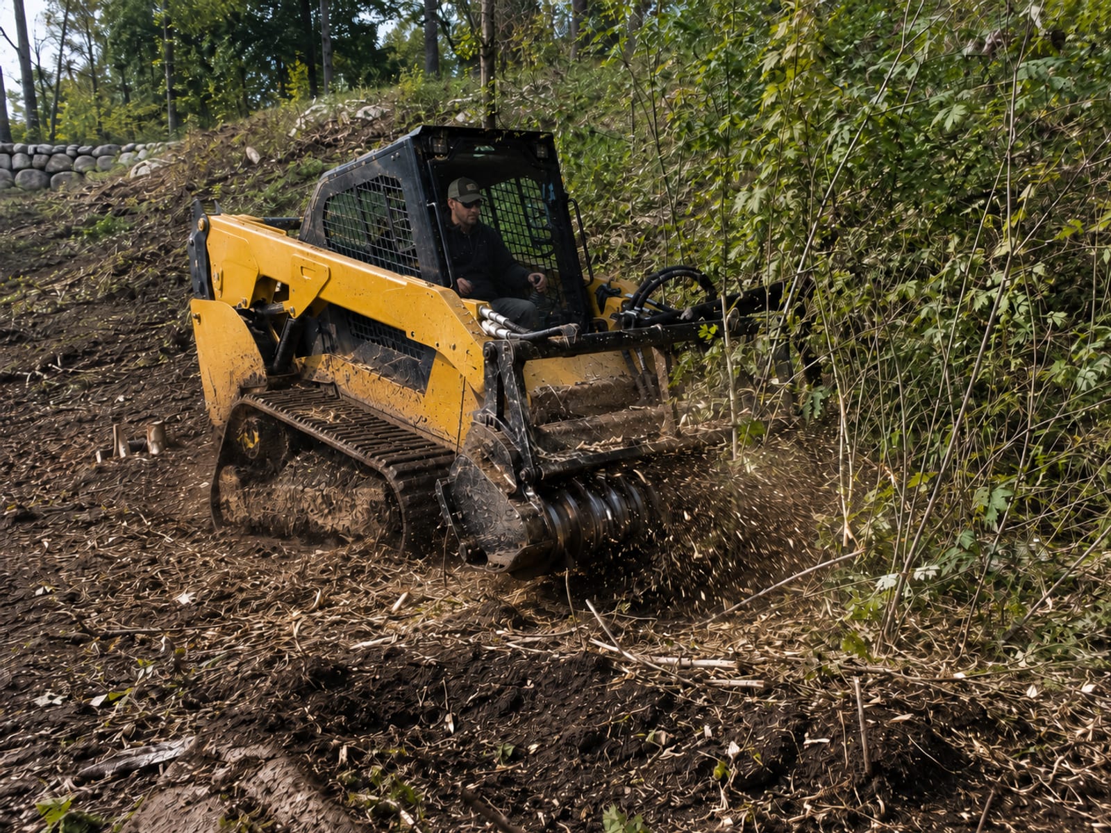 Compact tracked forestry mulcher machine working through dense brush and small trees on a sloped Connecticut lot