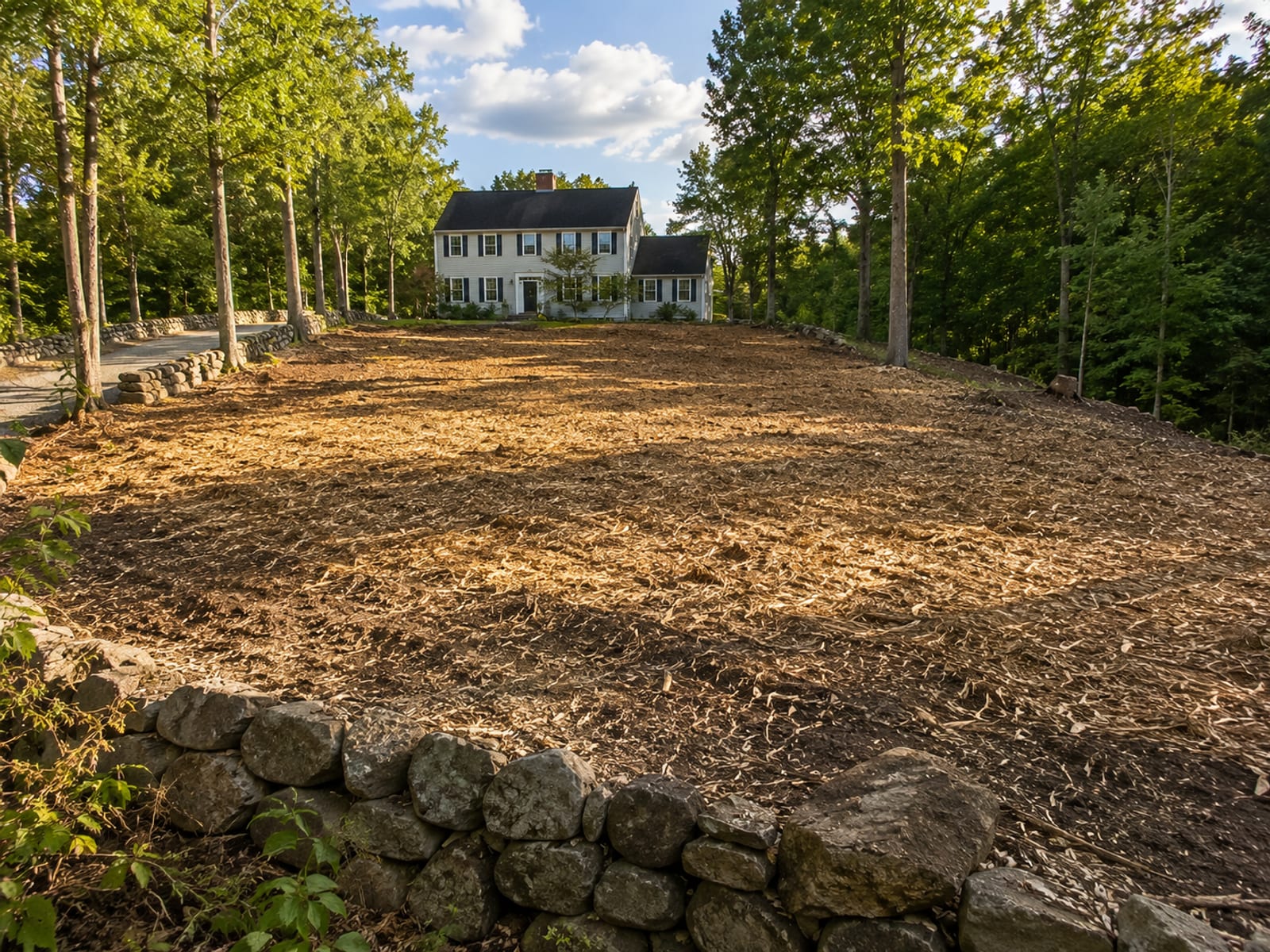 Cleared and mulched residential property in Connecticut showing open usable land where dense woodland previously stood