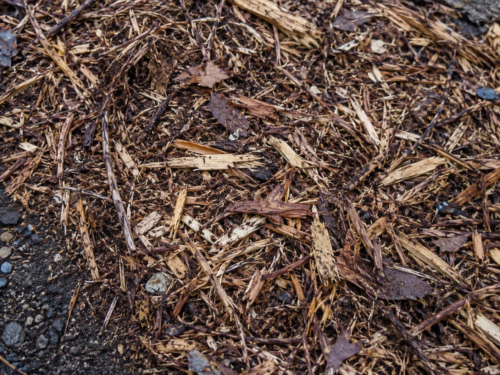 Close-up of freshly shredded forestry mulch covering Connecticut woodland soil with visible wood fiber and bark texture