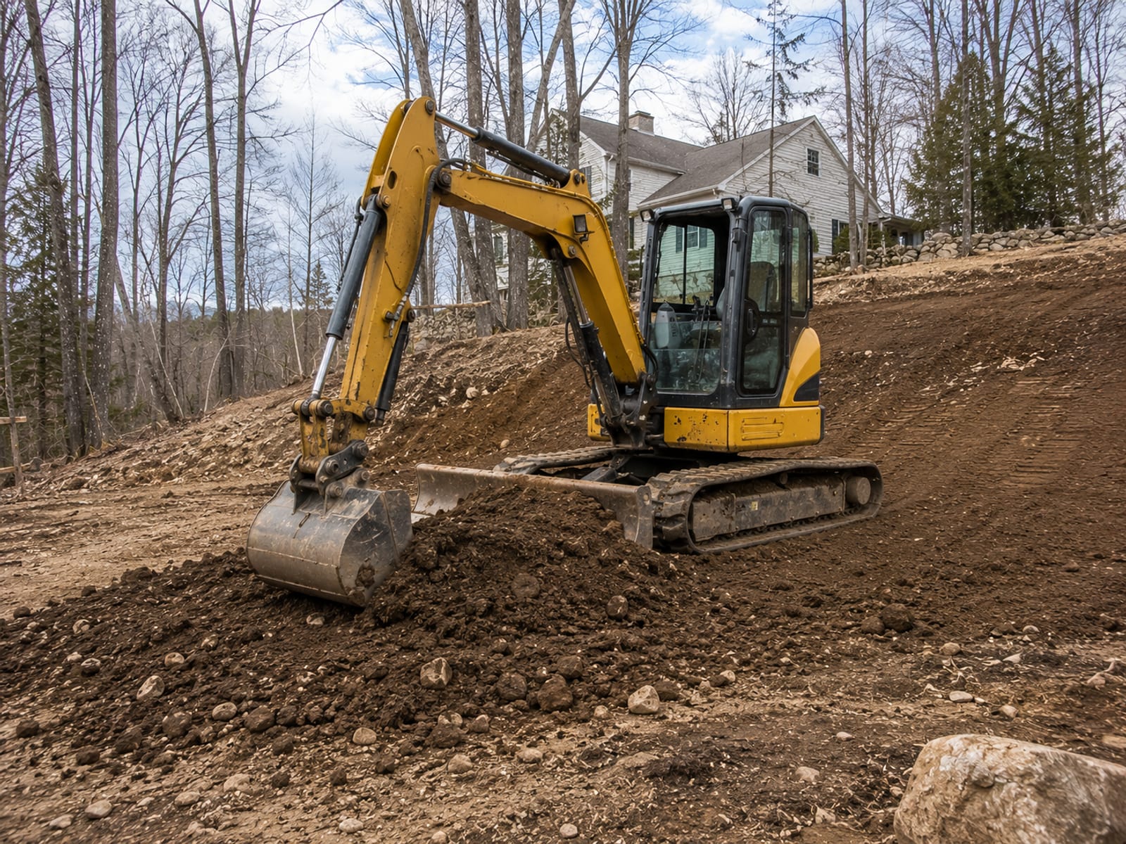 Compact yellow tracked excavator pushing and leveling earth on a residential grading site