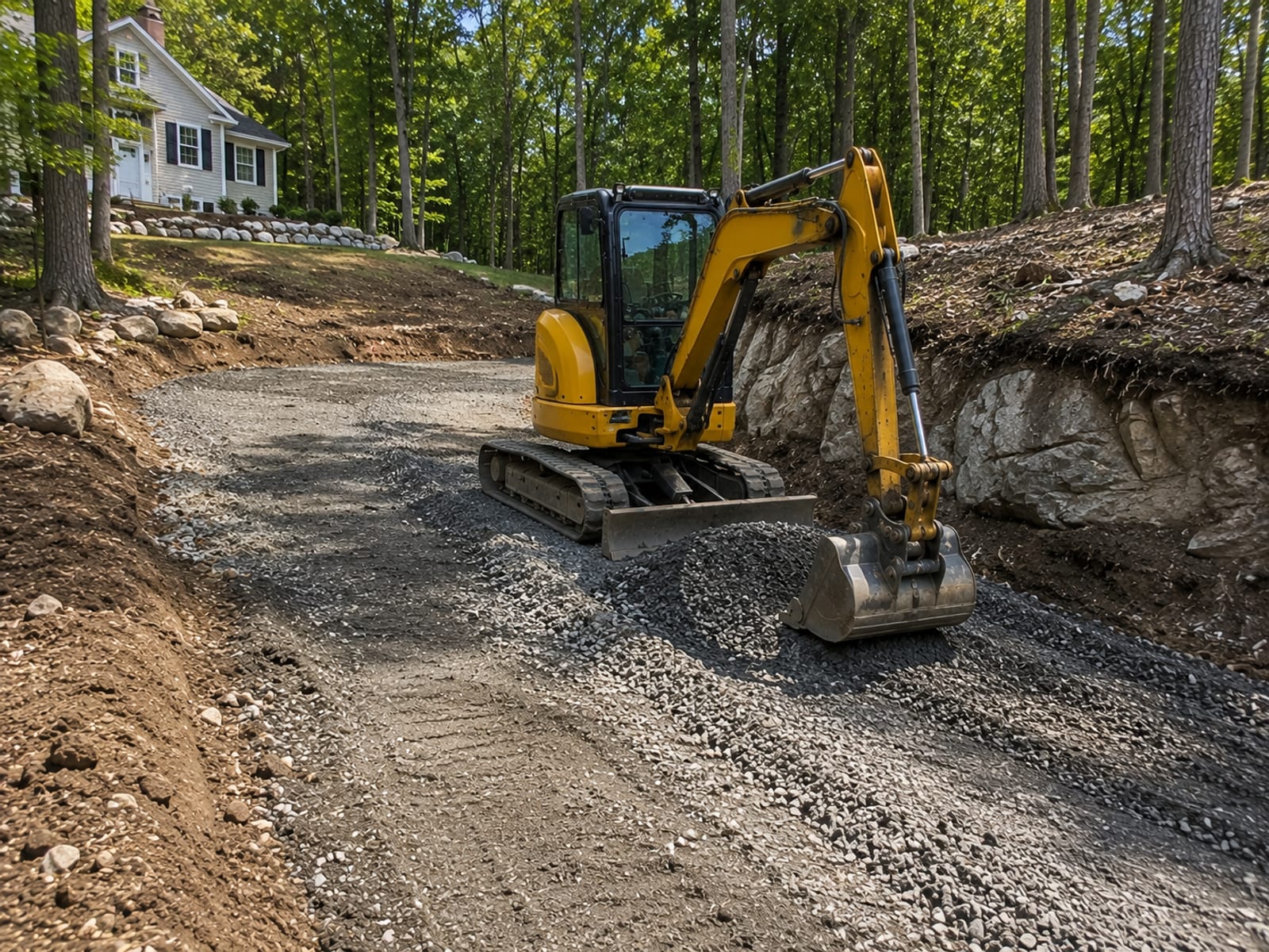 Compact yellow tracked excavator grading a residential driveway subbase in a Connecticut wooded setting with exposed gravel and rocky soil