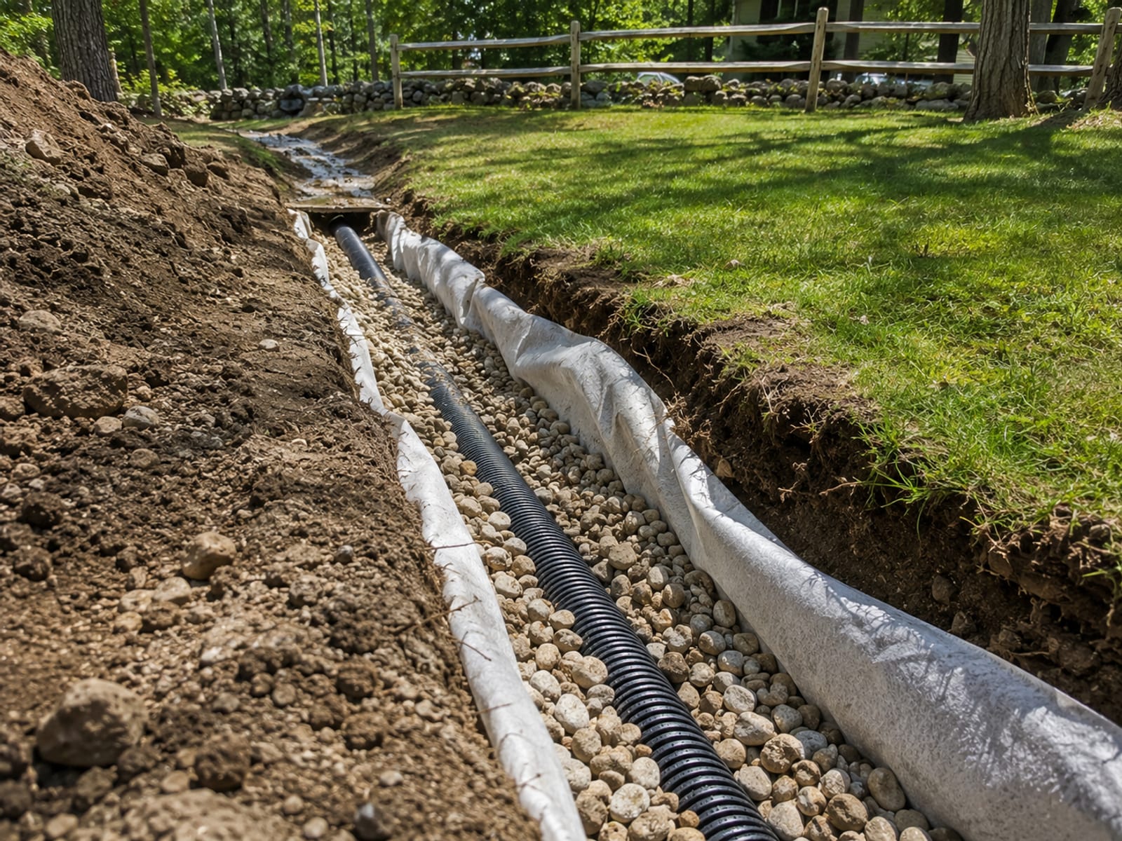 Newly installed French drain trench with perforated pipe and clean washed gravel beside a residential yard in Connecticut