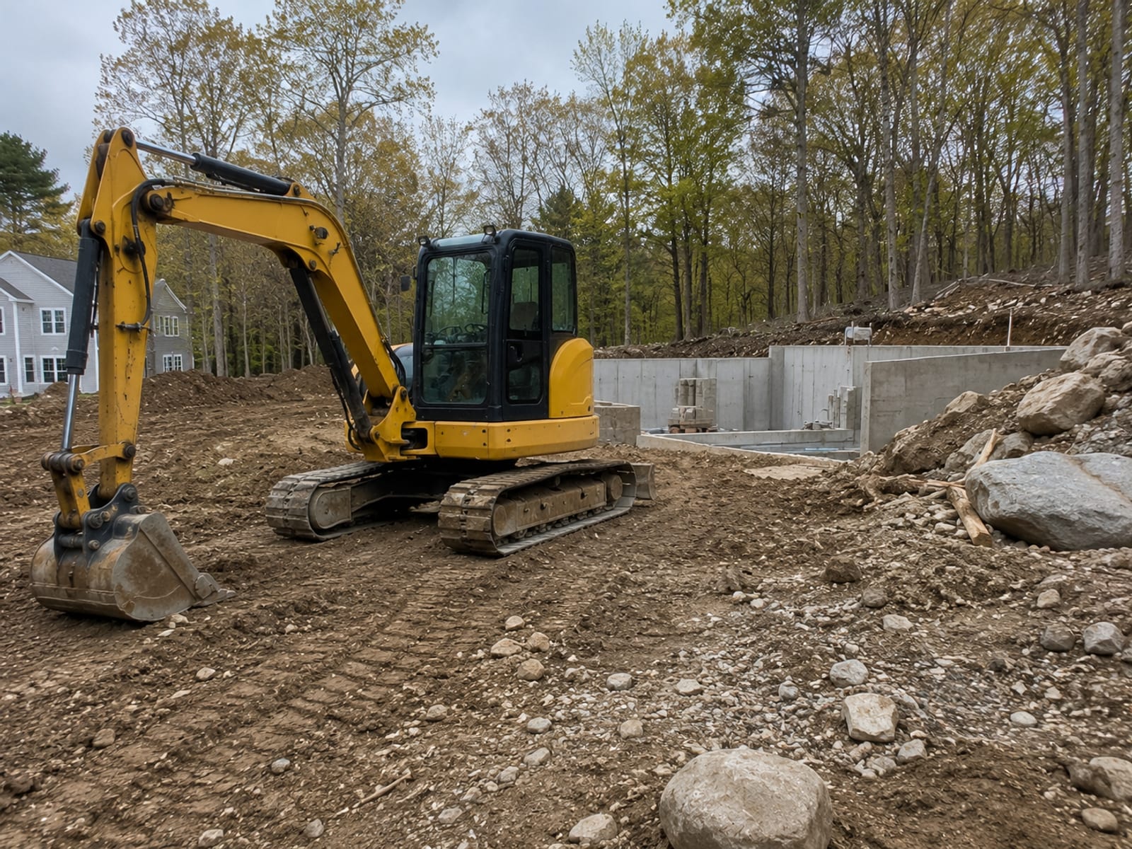 Freshly graded residential lot in western Connecticut with compact yellow tracked excavator parked on leveled earth beside a colonial-style home foundation
